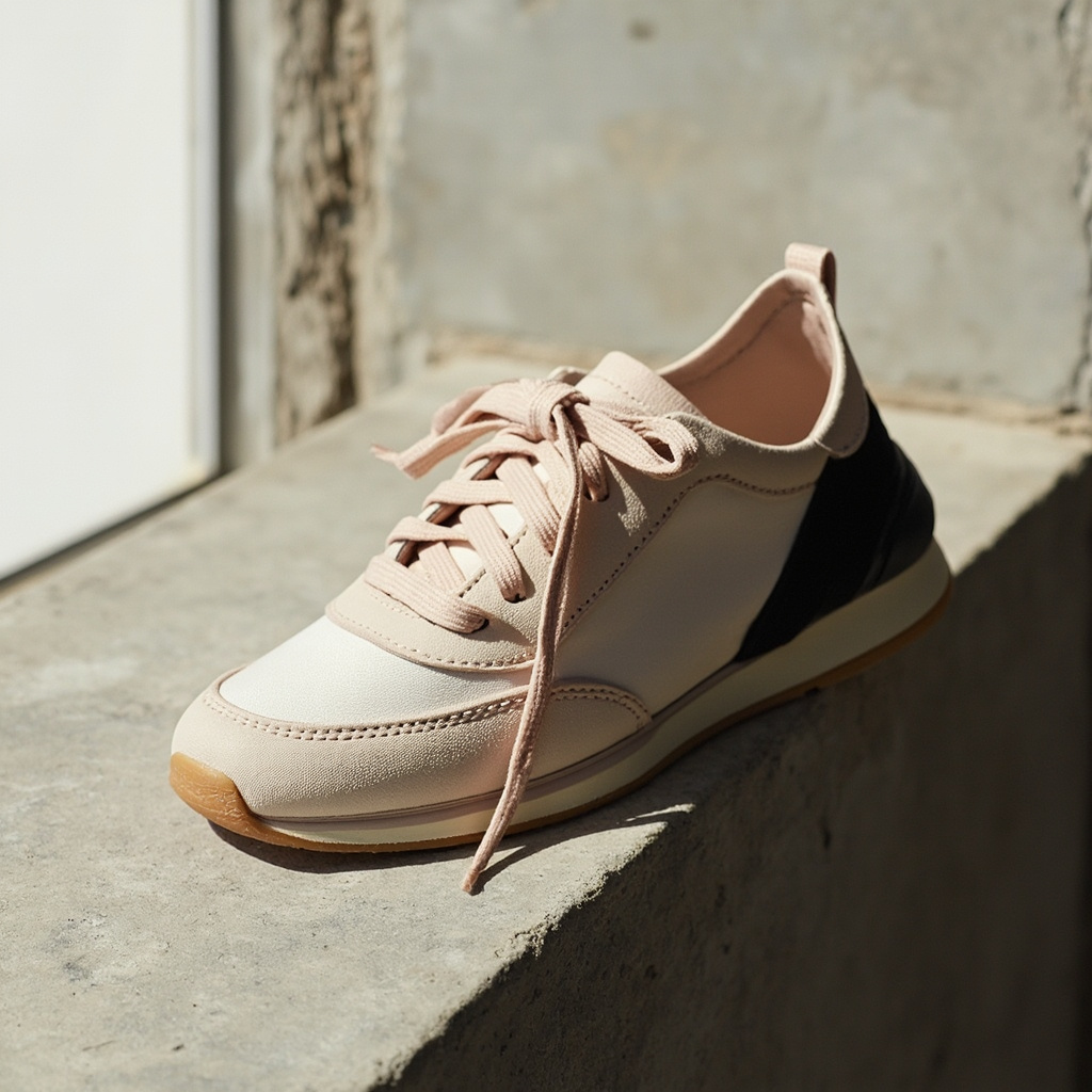 Editorial profile shot of a finished ballet sneaker showing the low-profile last and flexible sole construction
