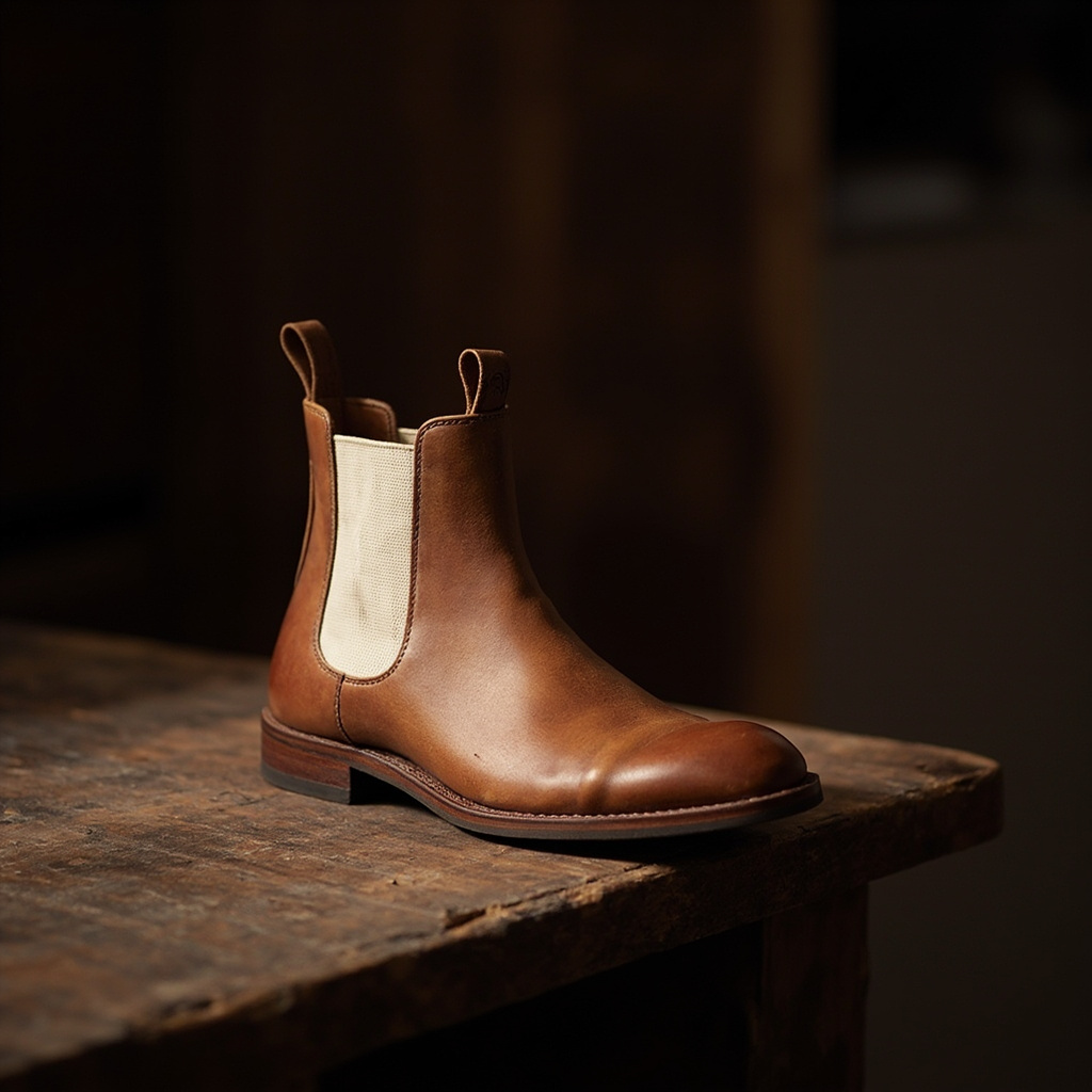 Editorial detail of a women's Chelsea boot construction showing the elastic side gore, leather upper, and stacked heel