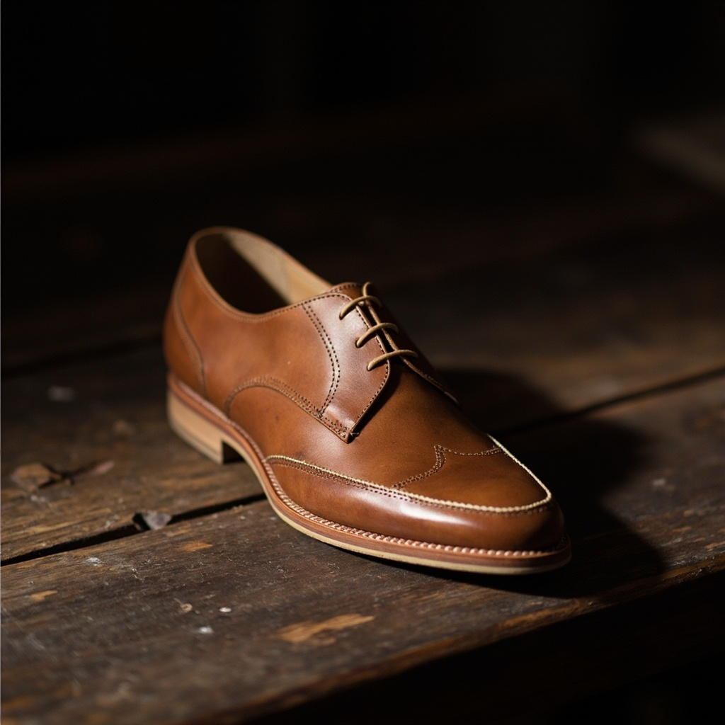 Editorial close-up of hand-stitching detail on a leather upper, showing the saddle stitch pattern at 5mm pitch