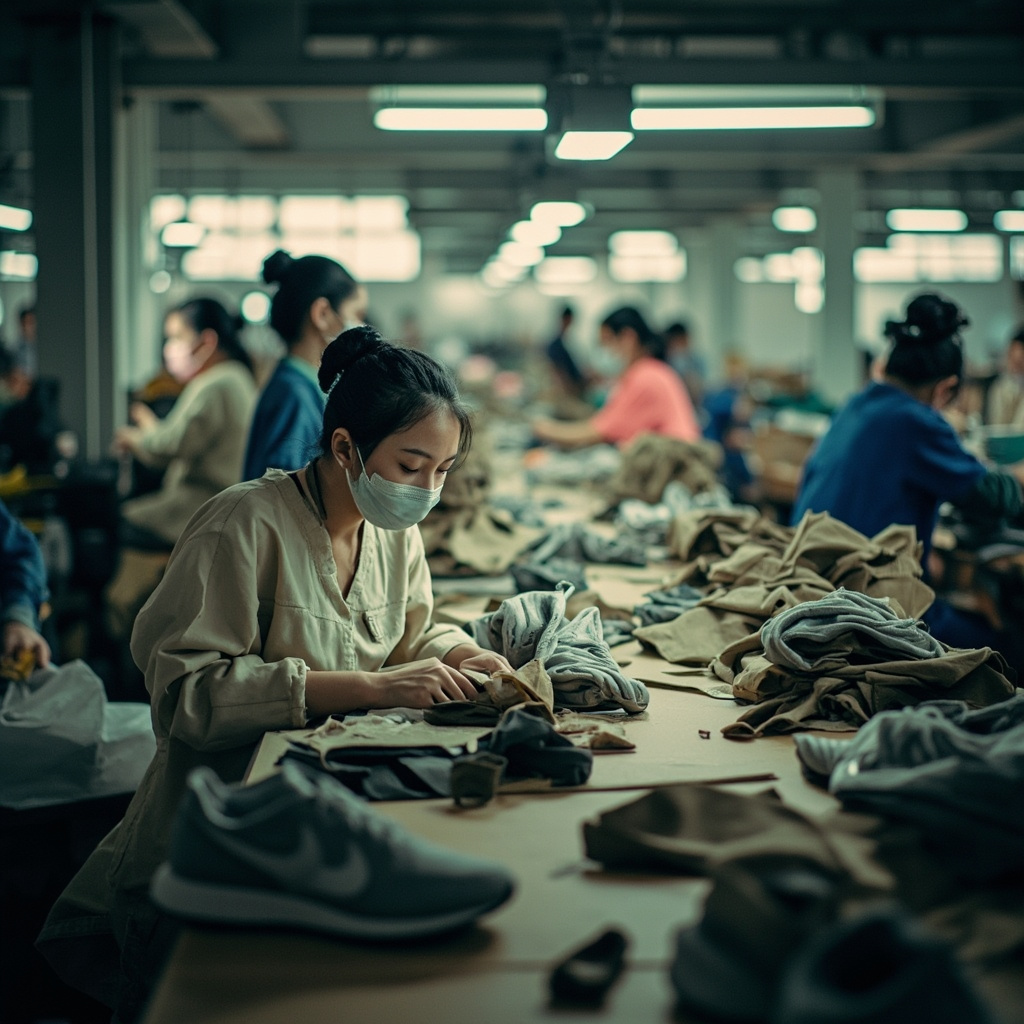 Editorial wide shot of the Putian sneaker manufacturing district, showing the density of small to mid-size factories characteristic of the cluster