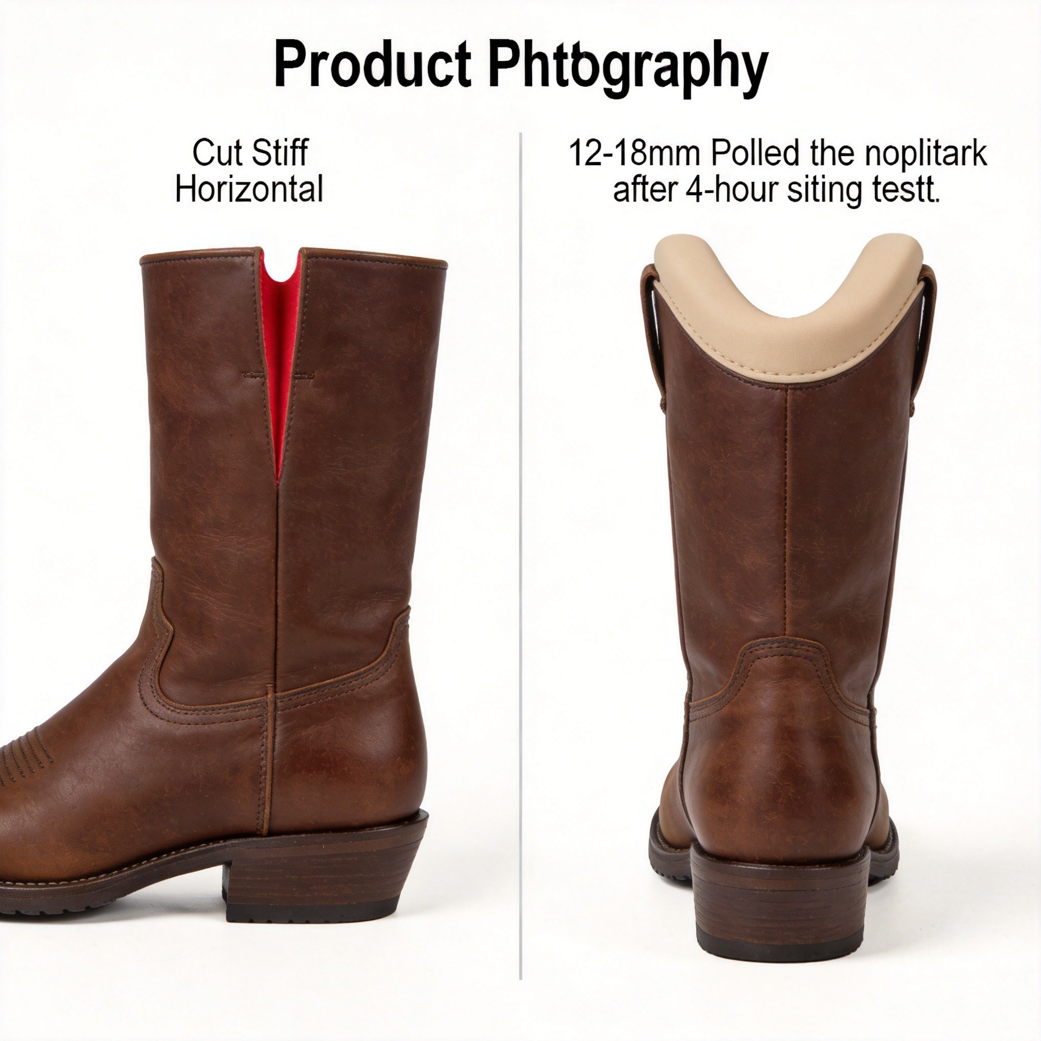 A side-by-side comparison photograph showing on the left a chocolate-brown cowboy boot with a cut-stiff horizontal top-edge creating a sharp pinch line at the back of the knee with a visible red indentation, and on the right an anatomically cut cowboy boot with a 12-18mm rolled padded topline creating a smooth curved clearance above the popliteal fossa with no red mark after a 4-hour sitting test