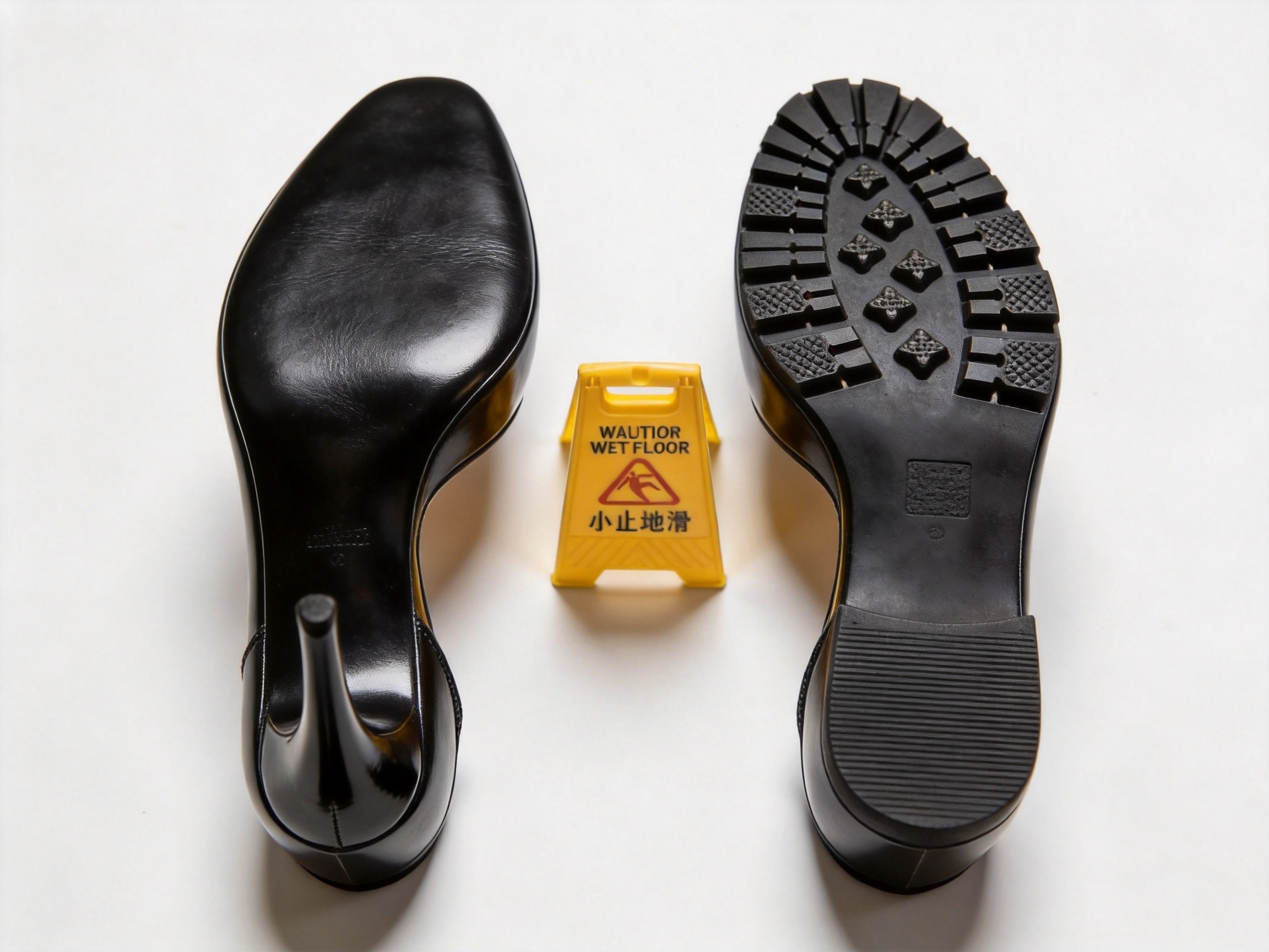 Two stiletto high heel outsoles placed side by side showing a smooth glossy leather outsole on the left versus a hand-finished vulcanized rubber outsole with tread grooves on the right, with a yellow wet-floor caution sign between them