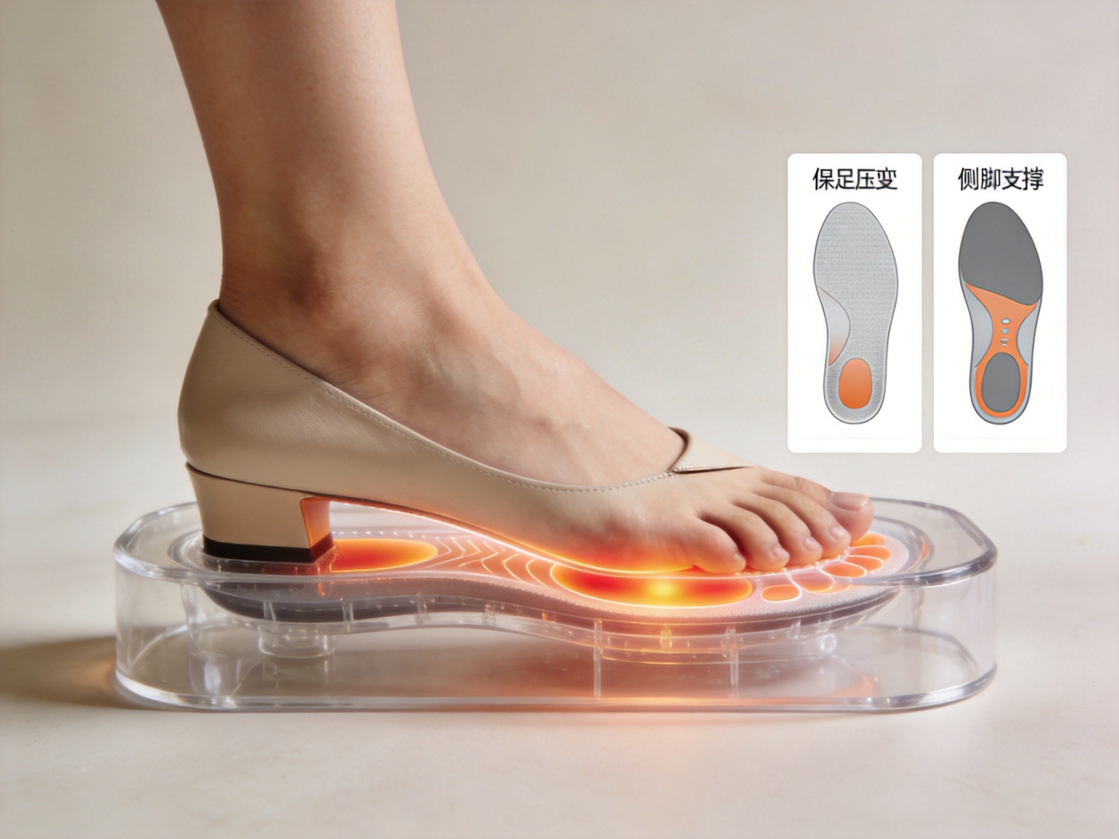 A woman's foot in a kitten heel shoe standing on a clear pressure demonstration device showing concentrated forefoot and heel pressure with zero support under the arch, beside comparison insoles for foot pressure redistribution and side arch support