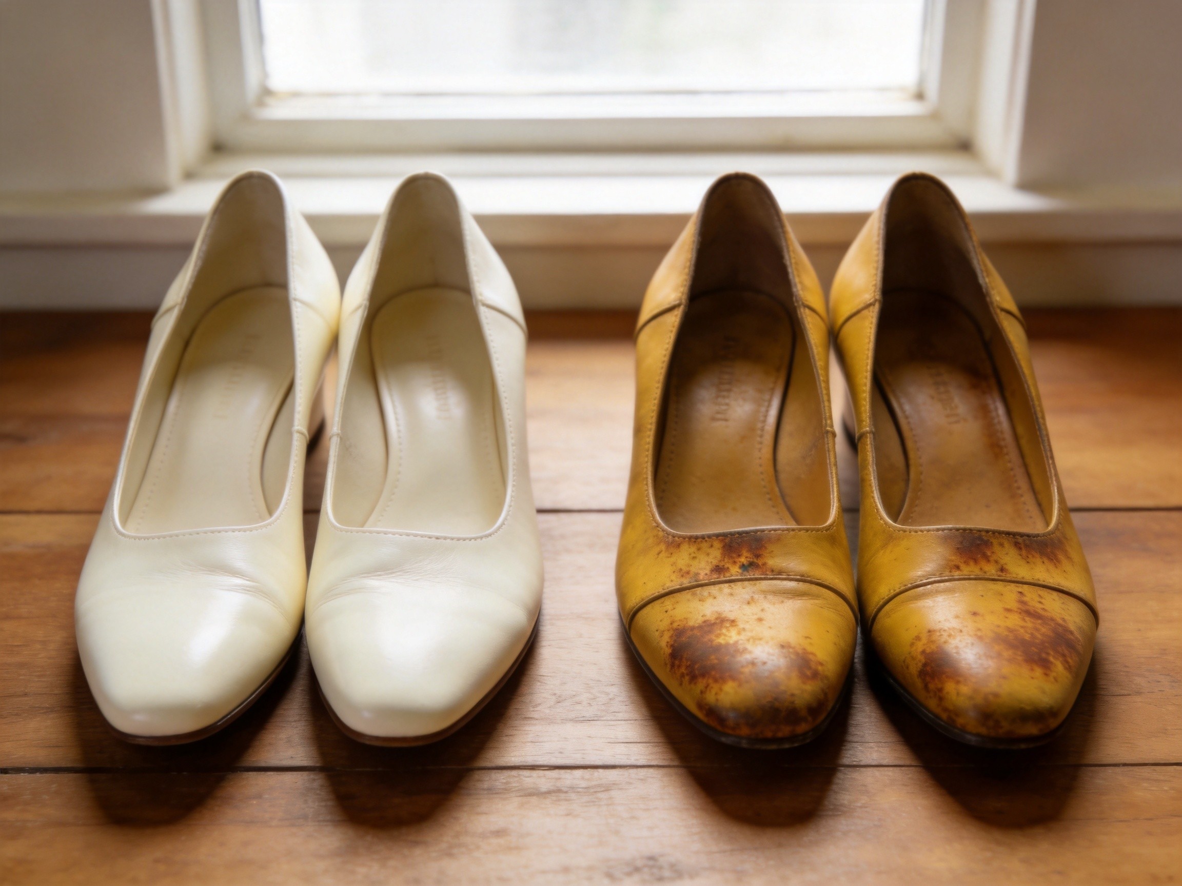 Side-by-side comparison of cream-white leather flats versus mustard-yellow leather flats showing how warehouse storage humidity transforms aniline-dyed smooth leather over 18 months
