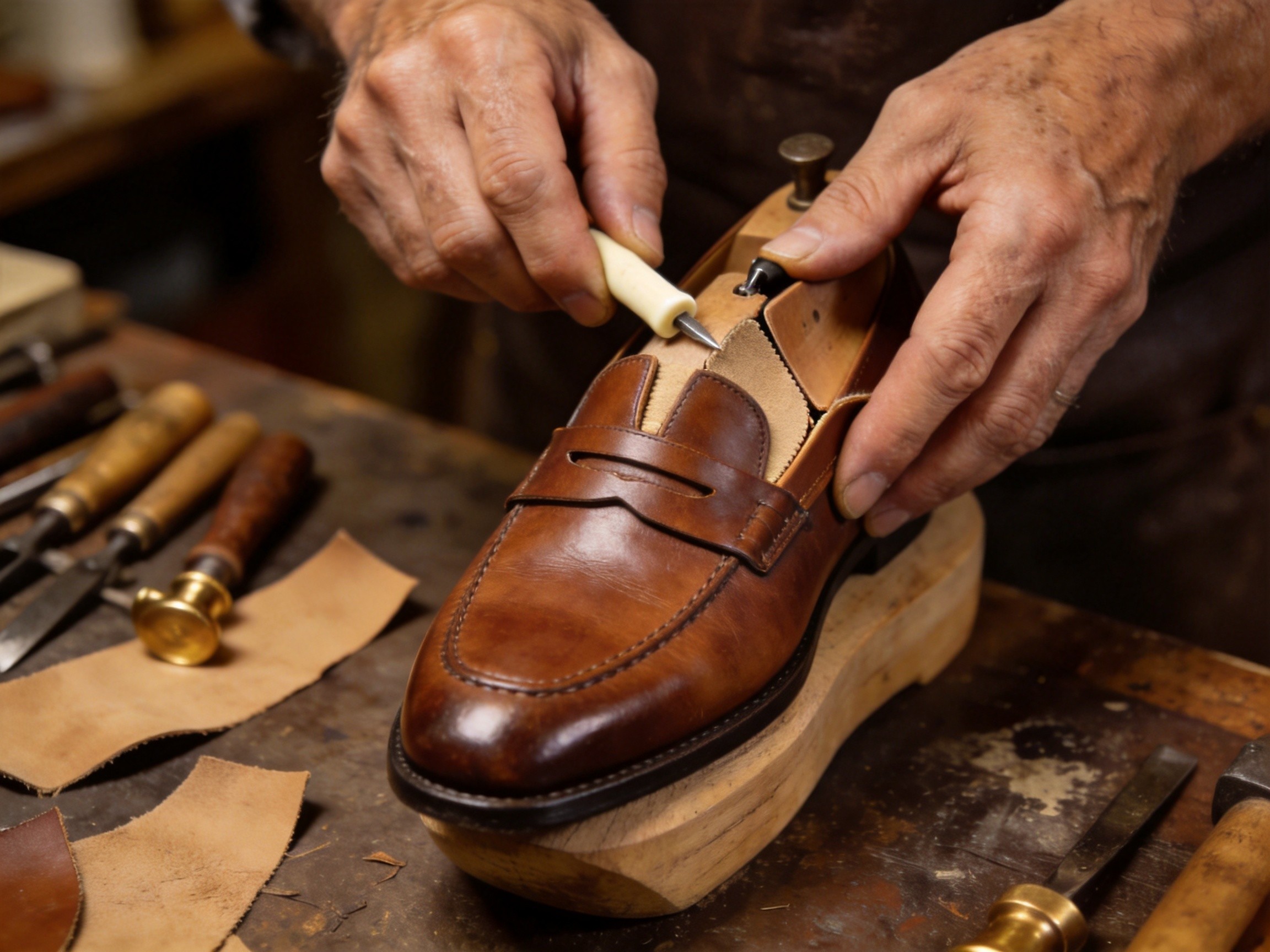 An extreme close-up macro photograph of an artisan's weathered hands stretching and shaping a polished brown leather loafer upper on a wooden last, adjusting the saddle strap position and tongue padding thickness, using a bone folder and a small leather punch to create additional instep relief at the saddle seam junction, with vegetable-tan leather scraps and brass cobbler tools arranged on the worn workshop bench, warm amber tungsten workshop lighting from a desk lamp on the right, shallow depth of field focusing on the instep relief adjustment, handcrafted artisan's wooden workbench surface with leather scraps and sawdust particles in the air