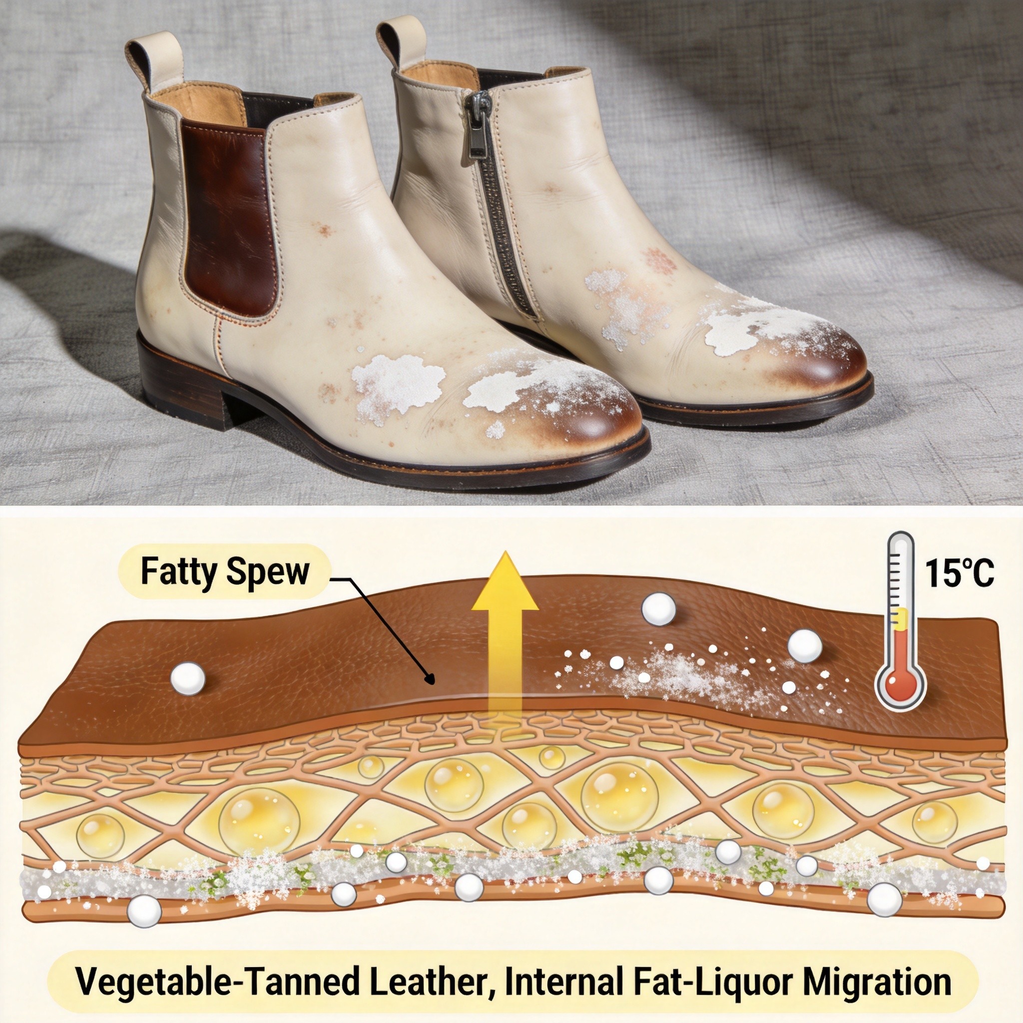 A pair of cream women's leather Chelsea boots on a linen backdrop showing visible white powdery and waxy bloom patches across the toe box and vamp, illustrating the 'brand-new but already spewed' complaint