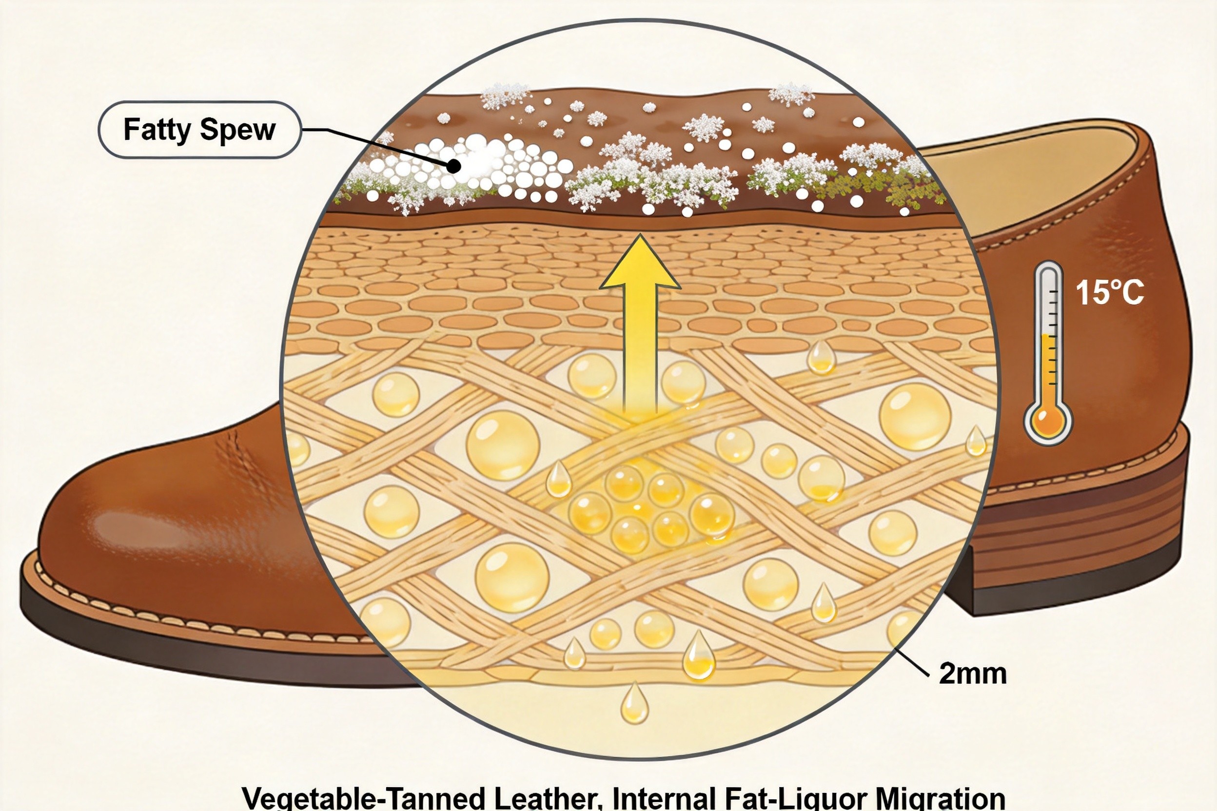 Cross-section scientific diagram of vegetable-tanned leather showing fat-liquor migration from internal collagen fibers upward to the surface where it crystallizes as white waxy fatty spew deposits, with a 15°C thermometer indicating the cold-storage trigger