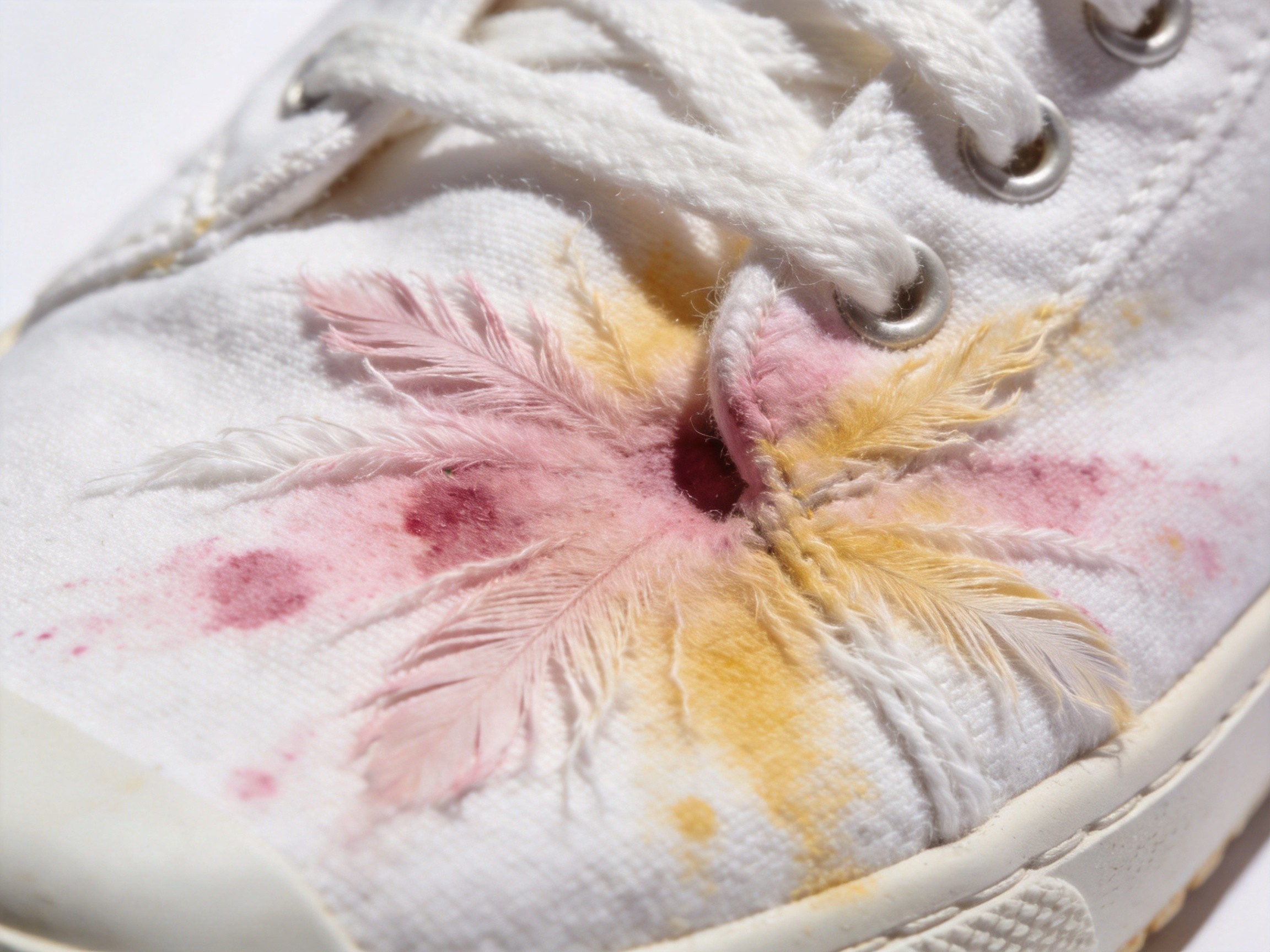 Macro close-up of pink and yellow acid dye transfer marks spreading across white cotton fabric with feathered irregular edges characteristic of dye migration through wet fibers
