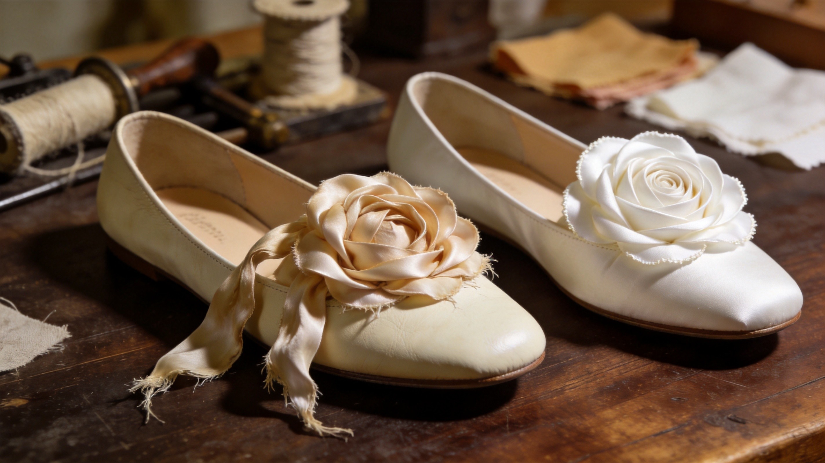 A side-by-side detailed product comparison photograph on a dark walnut workbench, on the left a women's cream-tan leather bridal flat shoe with a decorative satin rosette that has visibly sagged with flattened loops drooping petals and frayed edges after a few wears, on the right an identical cream-tan leather bridal flat shoe with a pristine satin rosette holding tight spiral shape crisp petals and clean edges, illustrating the dramatic difference between a low-stiffener PVA-coated rosette that sags and a starch-and-resin stiffened rosette that retains architectural lift, vintage textile stiffening tools and fabric swatches in soft background bokeh