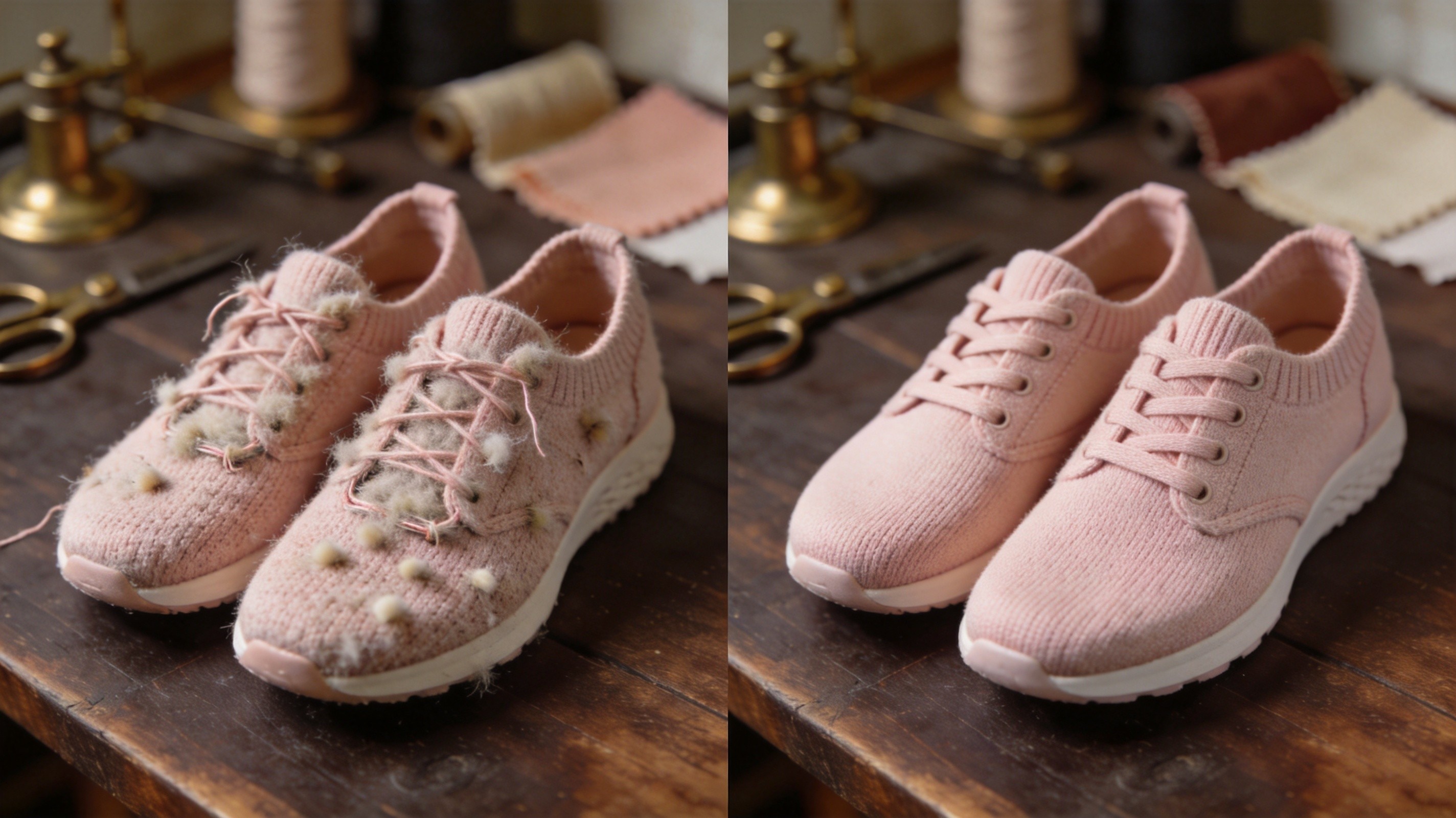 A side-by-side detailed product comparison photograph on a dark walnut workbench, on the left a women's pale pink knit sneaker showing visible pilling snags and pulled threads after few wears with small fuzz balls covering the vamp area, on the right an identical pale pink knit sneaker with pristine smooth knit surface showing flat loops without snags or pulled fibers, illustrating the dramatic difference between a low-tensile knit upper that pills and snags and a high-tensile knit upper that resists pilling and snagging, vintage brass textile tools and fabric swatches in soft background bokeh