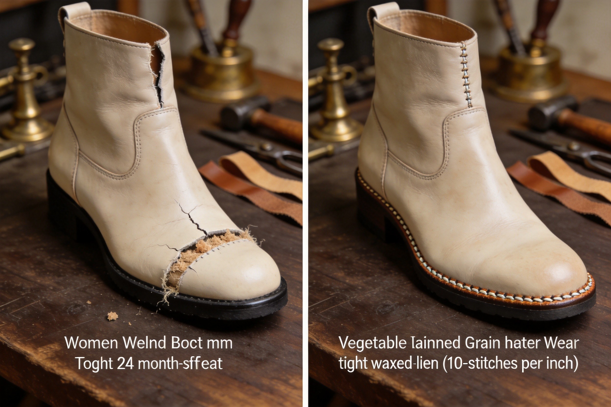 A detailed side-by-side product comparison photograph on a dark walnut workbench, on the left a women's leather ankle boot with a cracked open welt junction showing a visible 2mm gap between the upper leather and the rubber sole at the ball-of-foot, loose stitches visible in the gap and welt leather showing fibrous crumbly texture, on the right an identical women's leather ankle boot with a tight pristine welt junction at 24 months of wear, vegetable-tanned full-grain welt leather with hand-burnished edge, tight waxed-linen stitches evenly spaced at 10-12 stitches per inch, vintage brass shoemaker's tools and leather welt strips in soft background bokeh