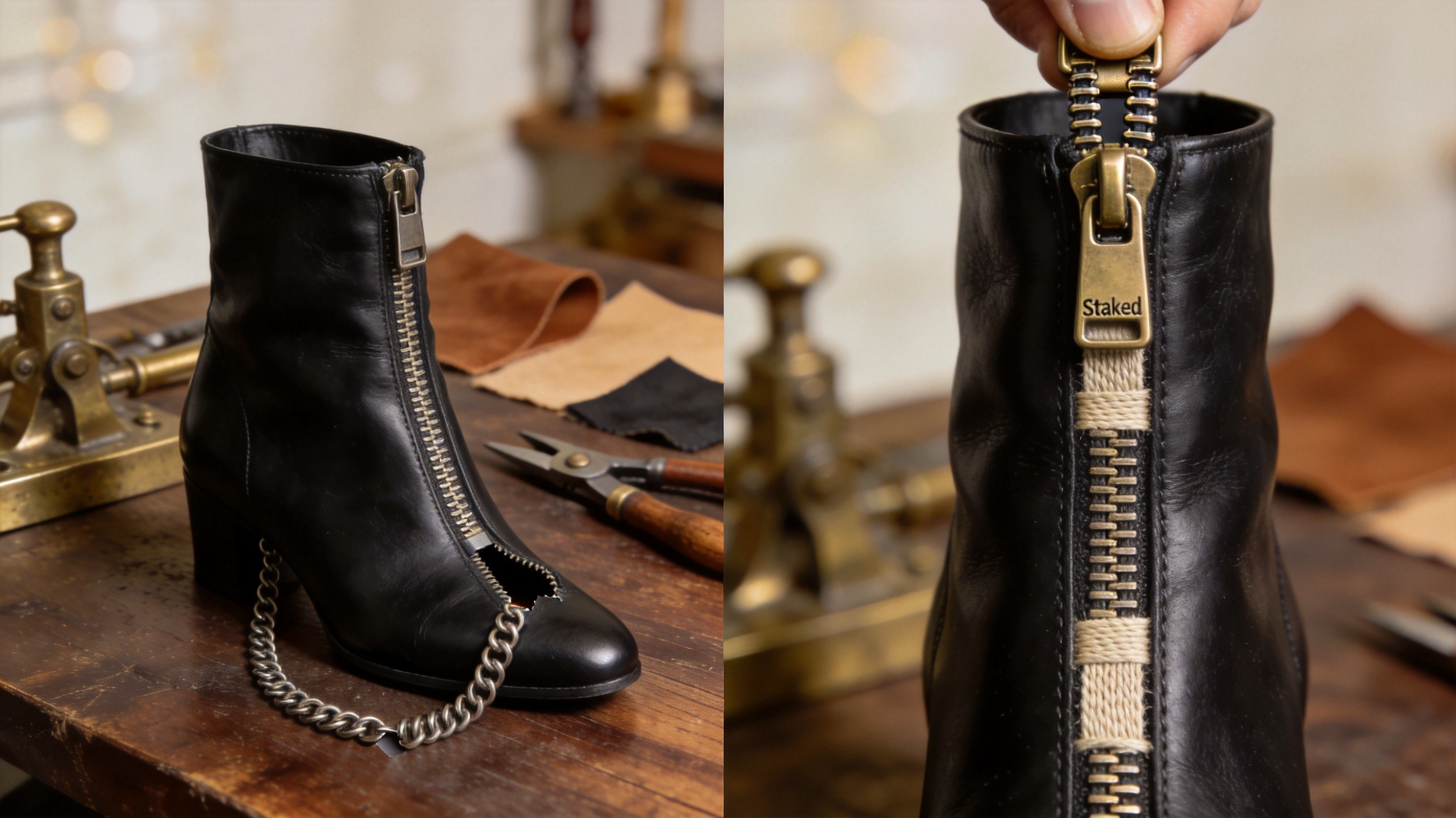 A side-by-side detailed product comparison photograph on a dark walnut workbench, on the left a women's black leather ankle boot with a non-lock zipper slider that has slid down three inches showing visible coil separation and the chain opened below the knee, on the right an identical black leather ankle boot with a properly locked zipper slider held firmly at the top showing closed chain teeth and intact woven tape alignment, illustrating the dramatic difference between a non-lock slider that allows zipper drift and a staked-brass auto-lock slider with woven tape that holds the zipper in place, vintage brass shoemaker's tools and leather swatches in soft background bokeh