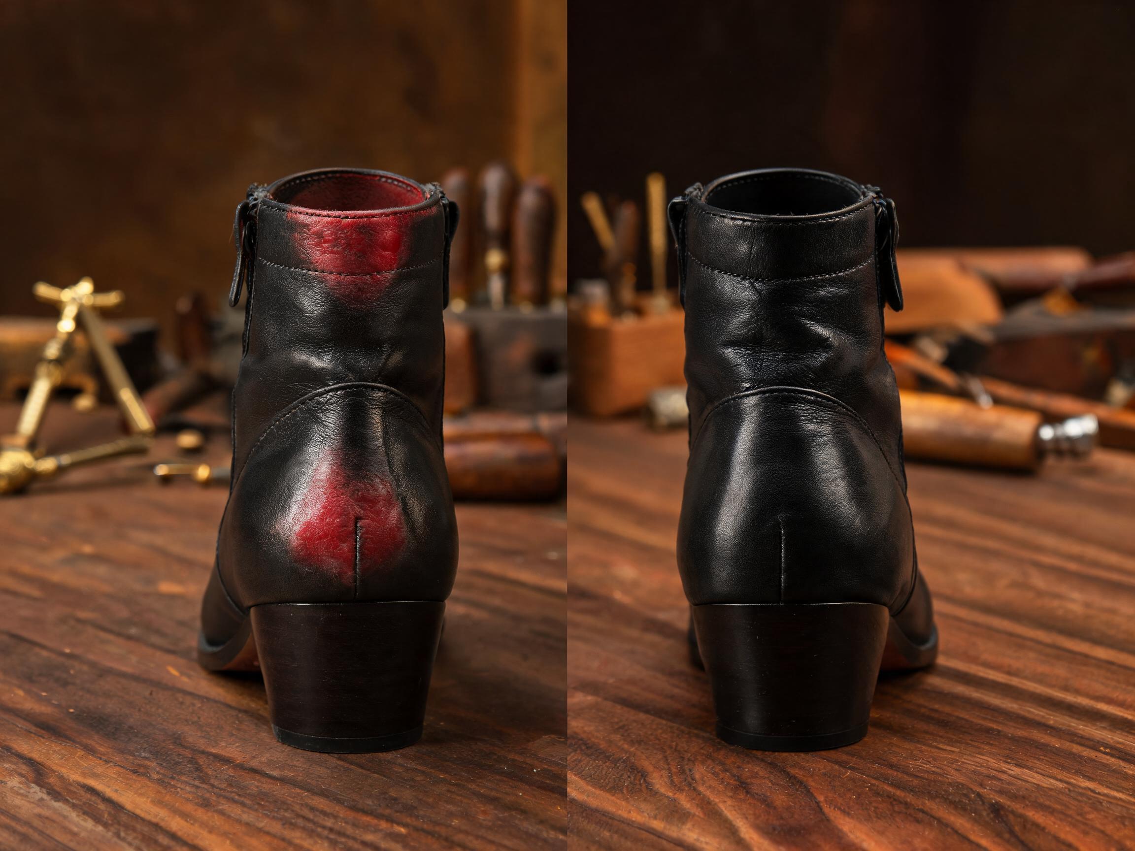 A detailed side-by-side product comparison photograph on a dark walnut workbench, on the left a women's black leather ankle boot showing a visible red pressure welt at the back of the heel pocket and at the Achilles-tendon insertion point from 4 hours of continuous wear with the cellulose counter rigidity creating 88-145 kPa localized pressure, on the right an identical women's black leather ankle boot showing a pristine unblemished heel pocket at 24 months of wear with the TPU-reinforced counter and chrome-free leather lining providing 8+ hours of comfortable wear, vintage cobbler's tools and brass tack puller in soft background bokeh, warm amber tungsten workshop lighting