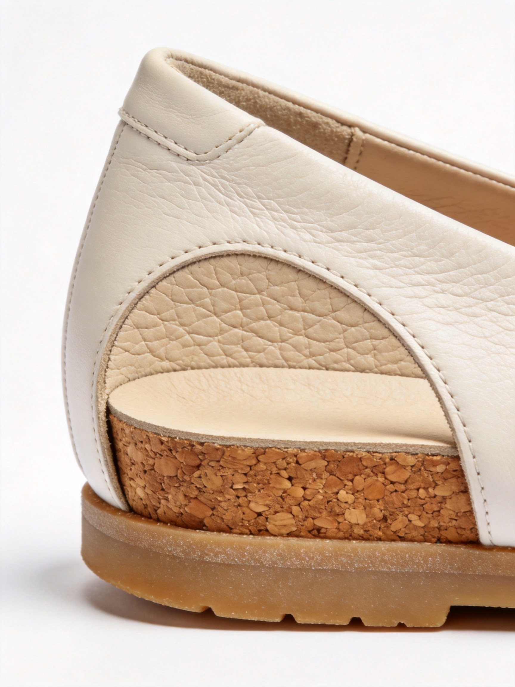 Cross-section profile of a women's flat shoe with vegetable-tanned full-grain leather insole, cork-filler midsole, and natural rubber outsole showing the layered construction that reduces metatarsal pressure and prevents callus formation in a Chengdu handmade comfort shoe