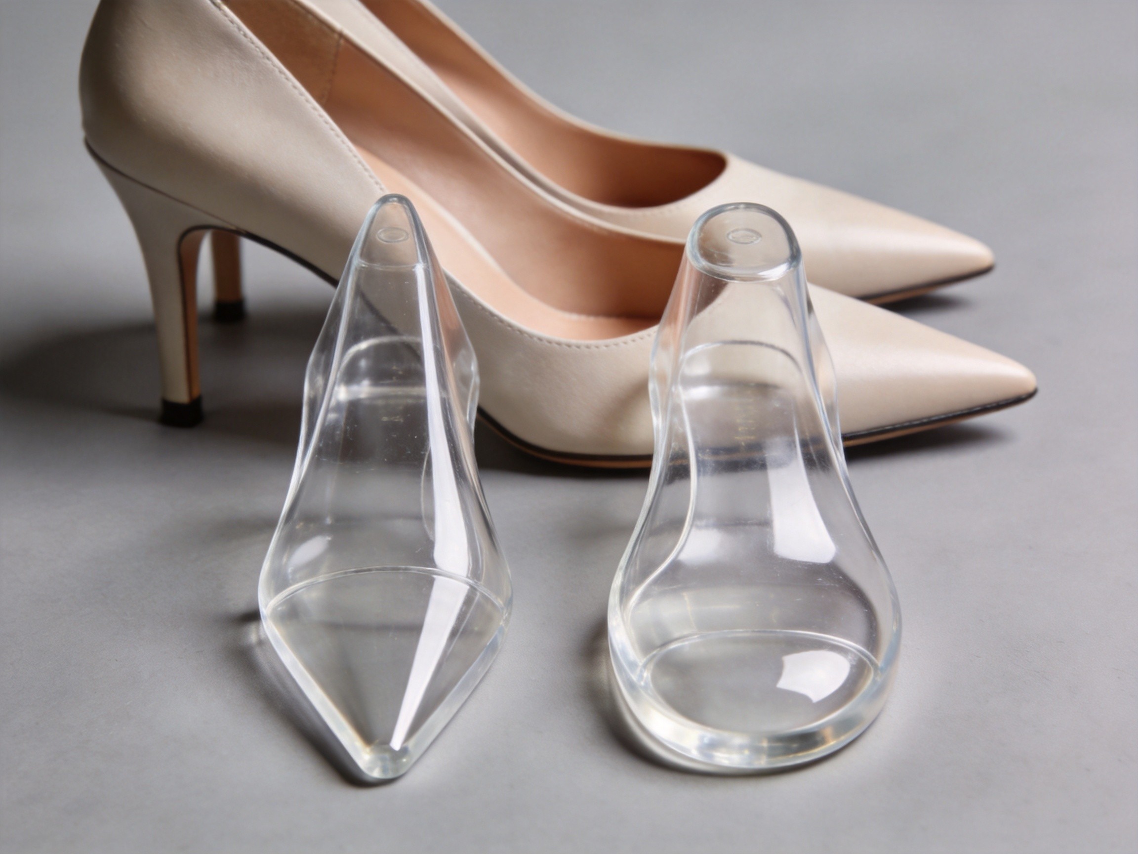 Two clear acrylic shoe lasts side by side: a narrow triangular pointed-toe last on the left that compresses toe spread, versus a proper anatomical round-toe last on the right that preserves full foot width, with a pair of pointed-toe dress shoes in the background