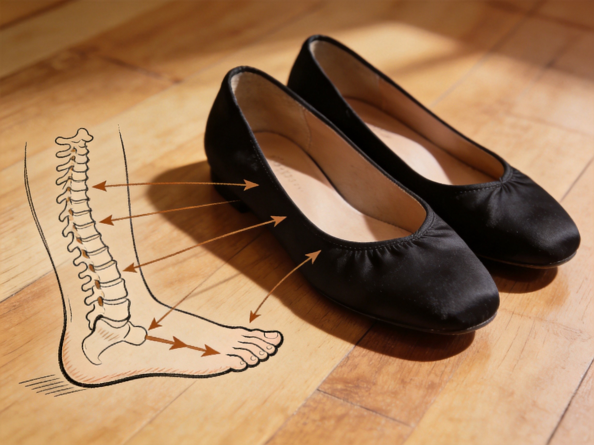 A pair of plain black ballet flats photographed on a wooden floor next to a hand-drawn diagram showing the foot and spine with arrows tracing the kinetic chain from the calcaneus up through the tibia, knee, femur, pelvis and into the lumbar vertebrae