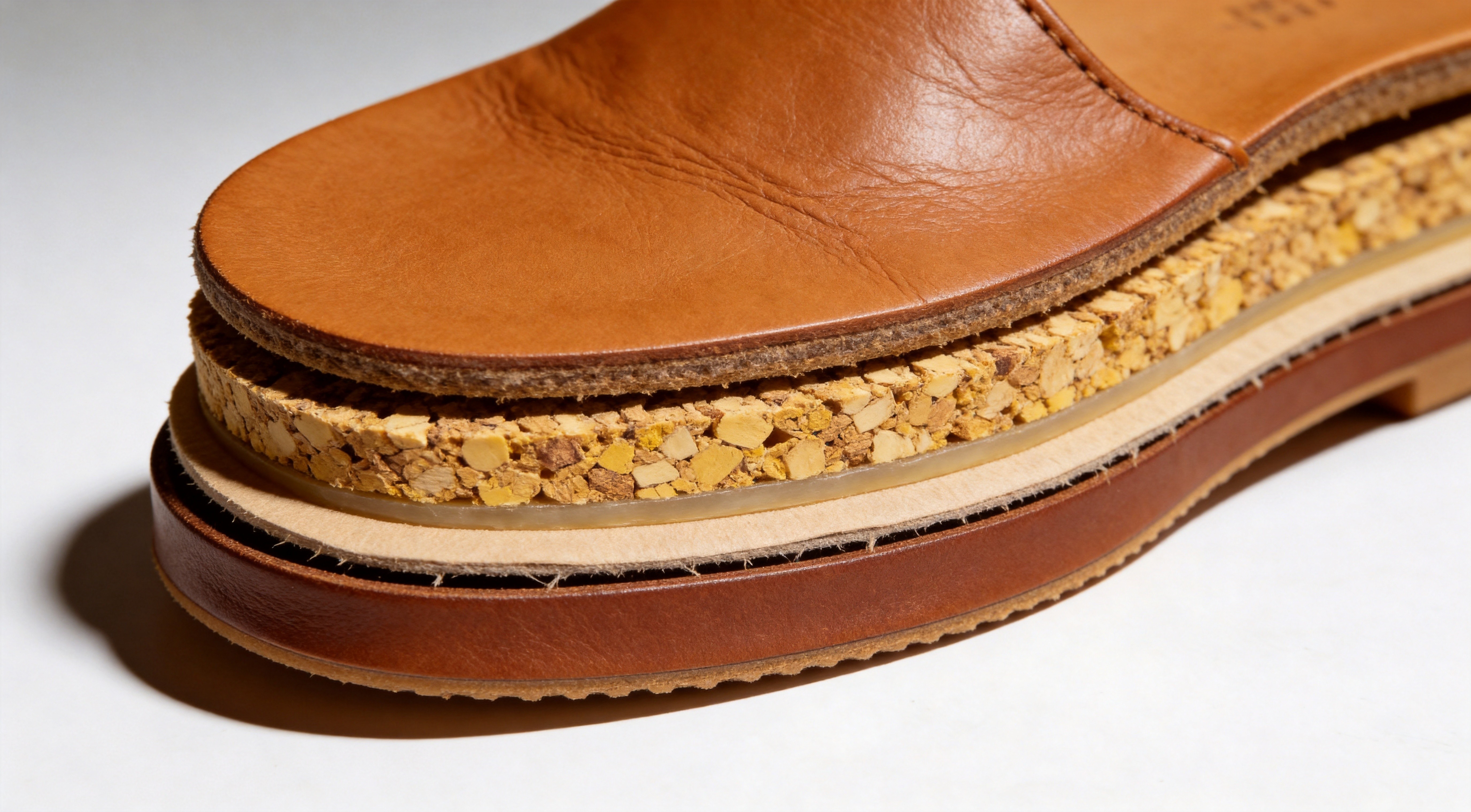 Cross-section detail showing the vegetable-tanned full-grain leather insole layered over a cork-filler micro-aggregate midsole with a hide-glue bond, demonstrating the antibacterial natural-materials construction of a Chengdu handmade shoe that resists fungal and bacterial colonization