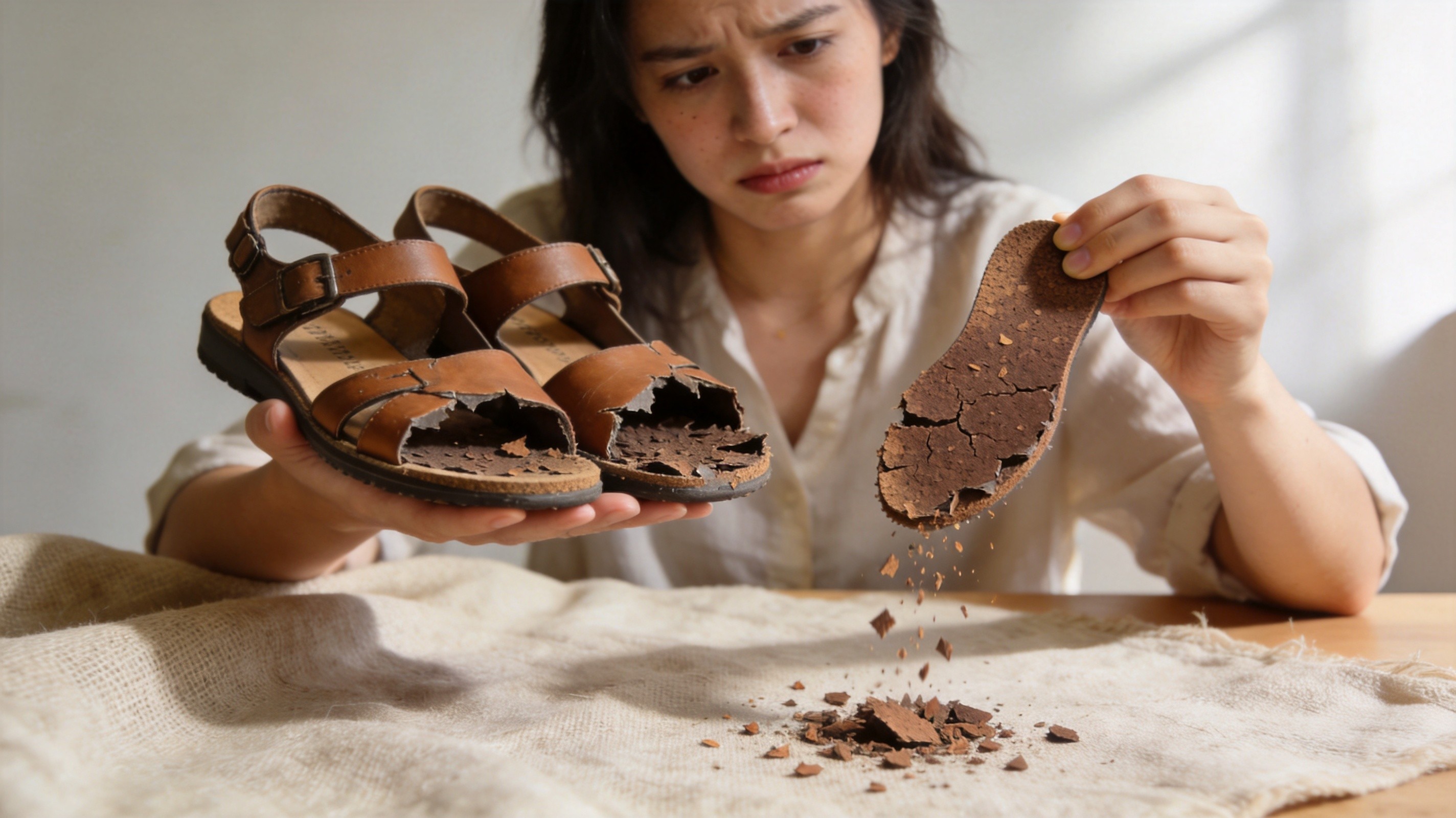 A woman inspecting the inside of her sandal and holding a crumbling cork footbed in her hand with crumbly granular pieces falling out, showing the structural disintegration of a sandal footbed after a few months of summer wear