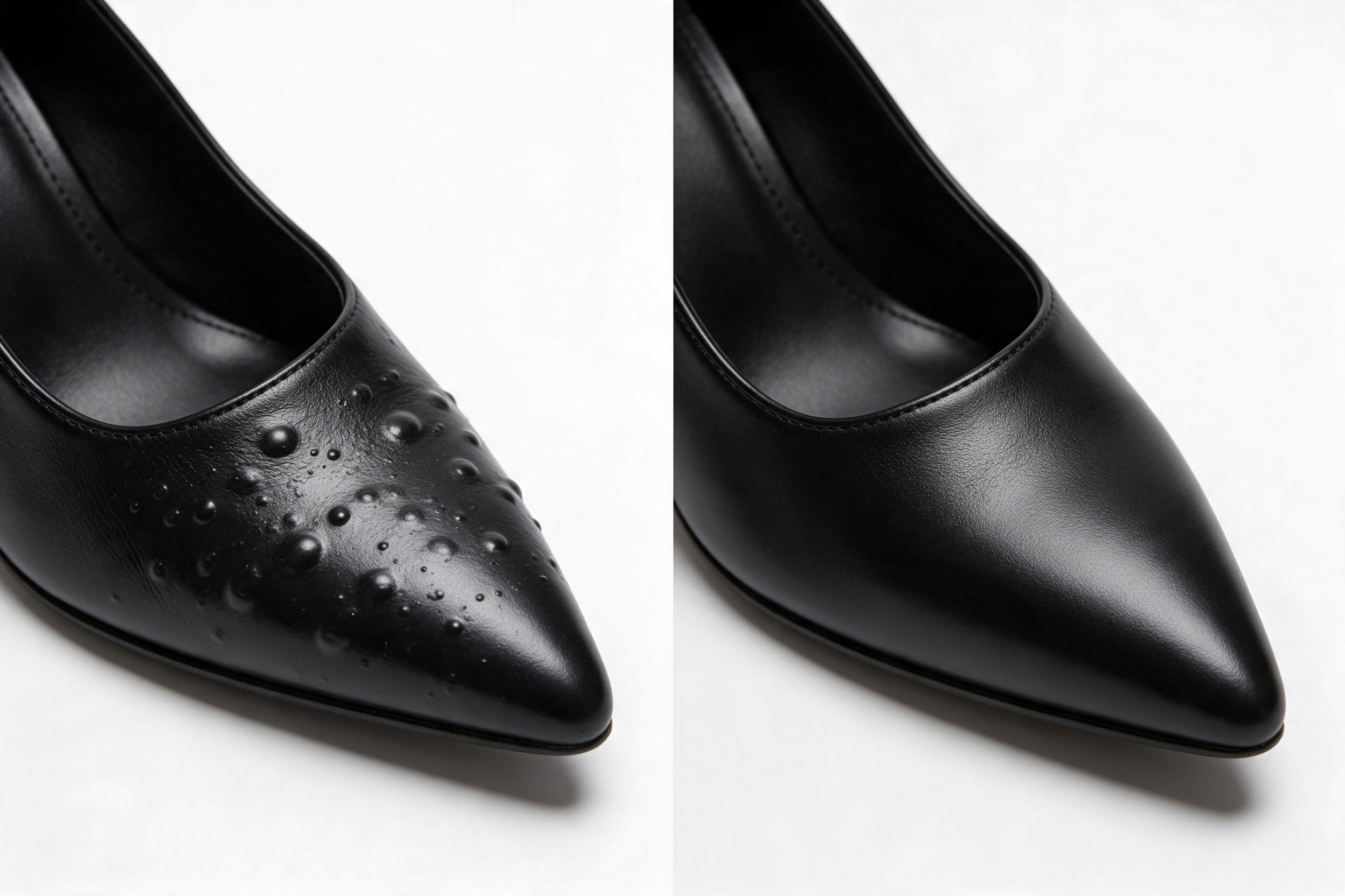 A side-by-side product comparison photograph on a clean white background: on the left a black leather pump with visible bubble-shaped puckers and raised spots under the polyurethane surface finish across the vamp area (mass-market defect), on the right a similar black leather pump with perfectly smooth even surface finish and no bubbles no raised spots (handmade quality)