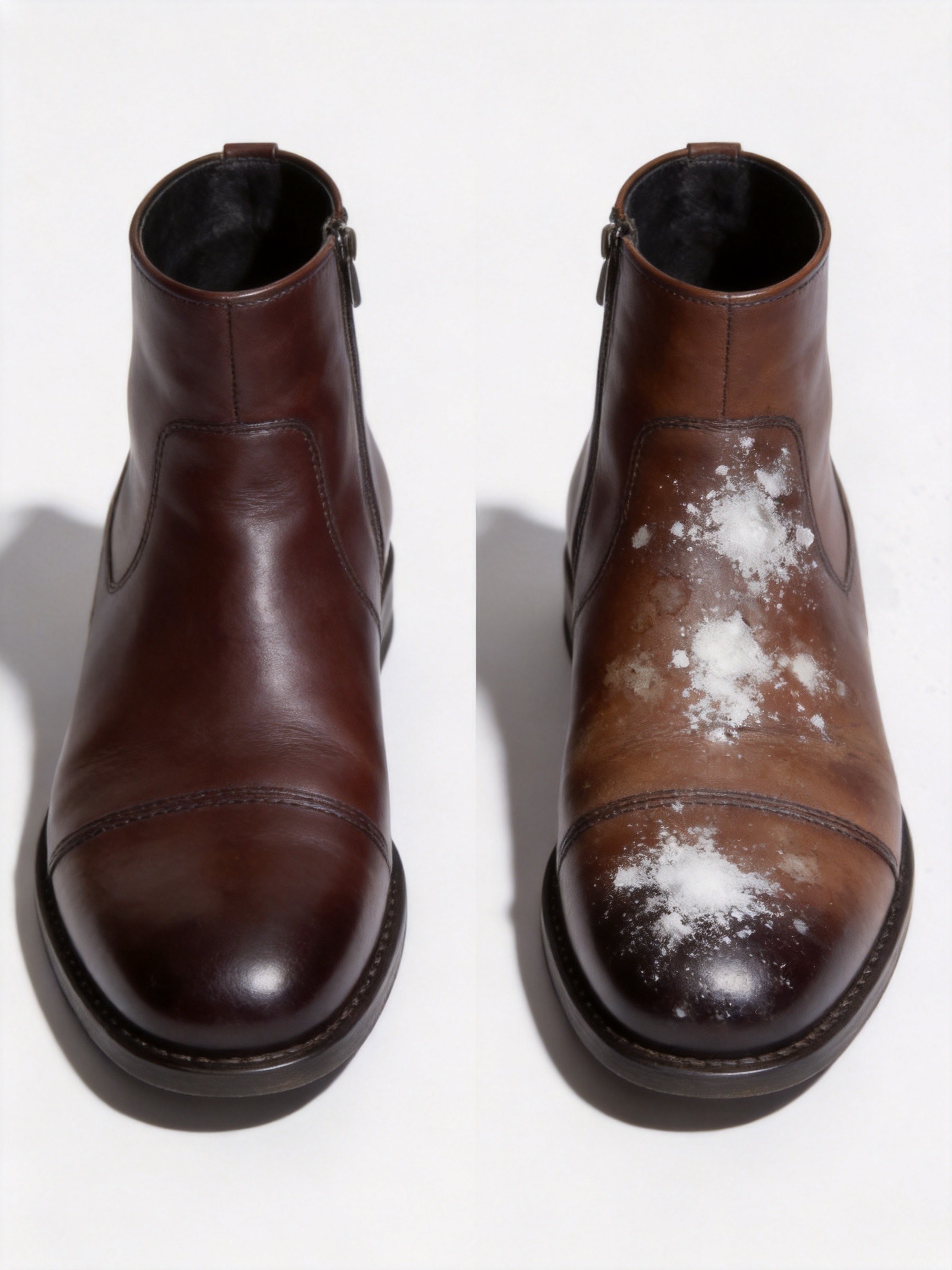 Side-by-side comparison of two pairs of brown leather ankle boots after three weeks of daily wear, the left pair vegetable-tanned full-grain showing minimal salt marks and the right pair chrome-tanned with visible white crystalline salt efflorescence along every stitch line