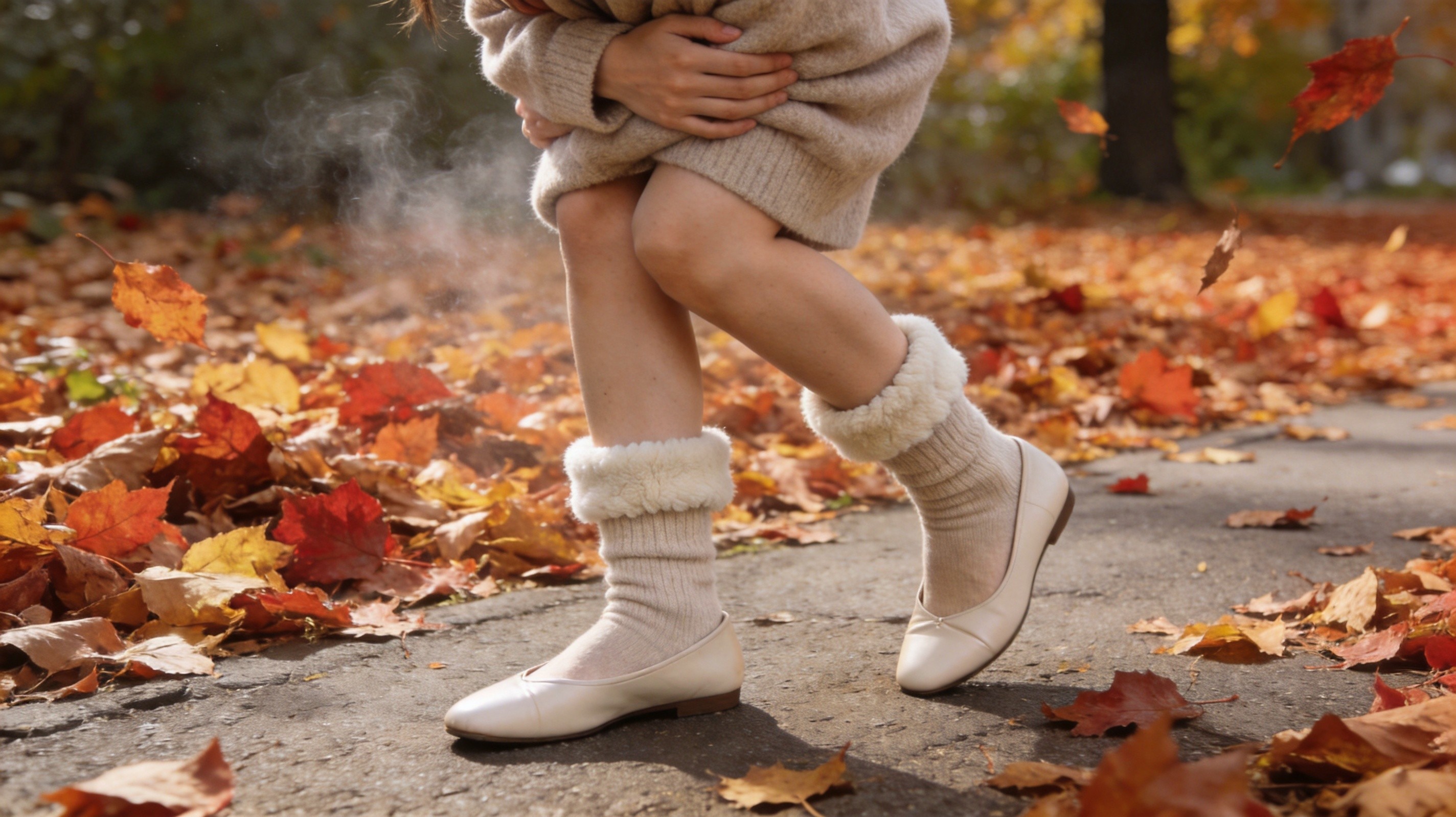 A woman walking through fallen autumn leaves in thin leather flats with thick socks showing the inadequate cold-weather protection of mass-market fall shoes in chilly autumn conditions
