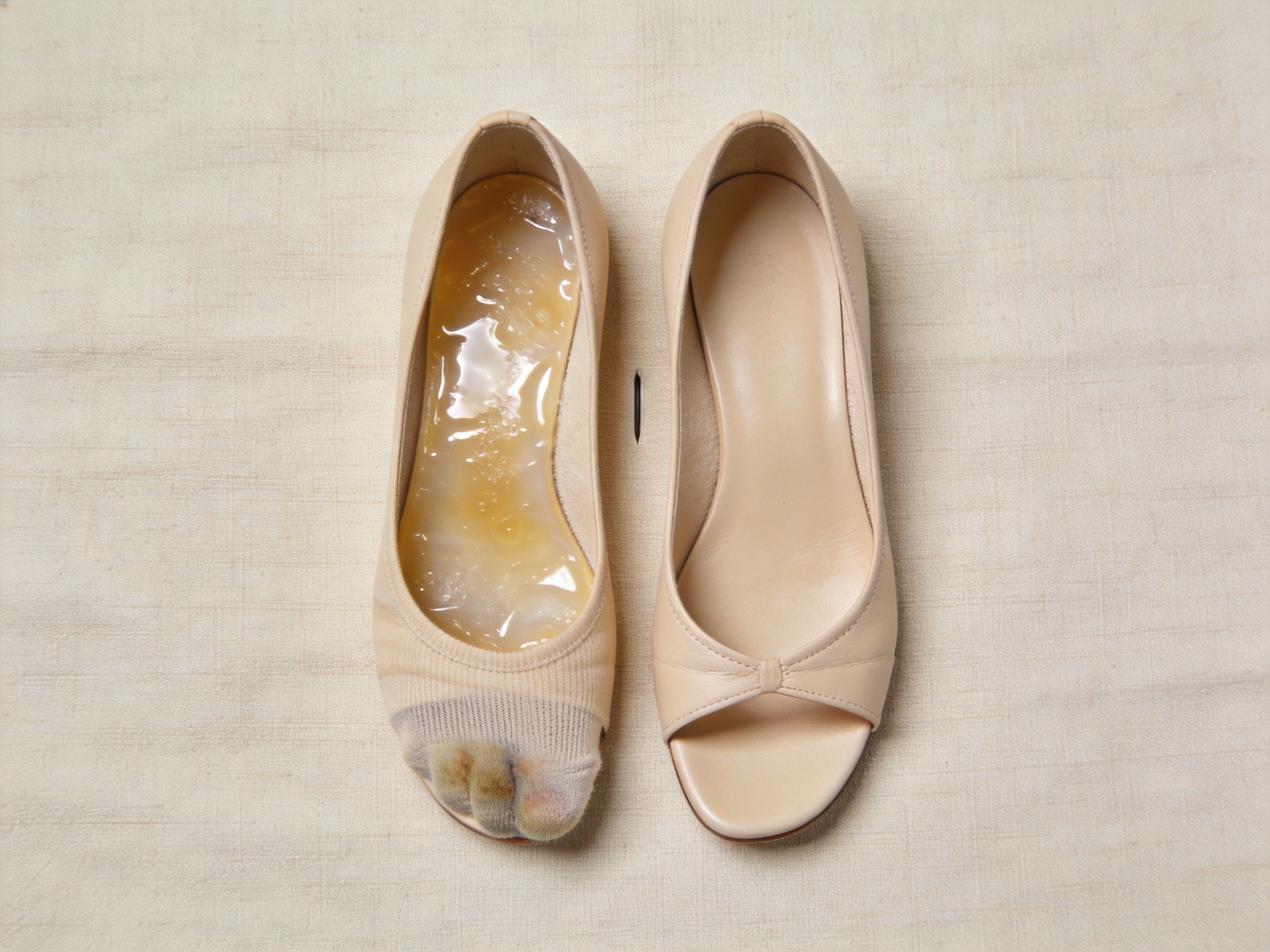 Side-by-side comparison of two pairs of leather flats after eight weeks of daily wear, the left pair with chrome-free vegetable-tanned leather lining showing a clean dry footbed and the right pair with PU synthetic microfiber lining showing a glossy, tacky, biofilm-coated footbed that the sock is sticking to