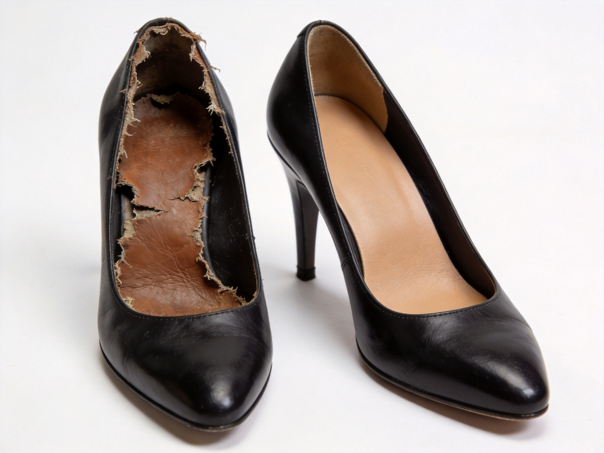 A side-by-side product comparison photograph on a clean white background, on the left a black leather high-heeled pump with the heel lining completely worn through showing frayed edges and the rough brown substrate leather underneath exposed by the failure, on the right an identical black leather high-heeled pump with an intact smooth chrome-free leather lining covering the entire heel counter in pristine condition, illustrating the dramatic difference between lining wear-through failure and intact lining construction