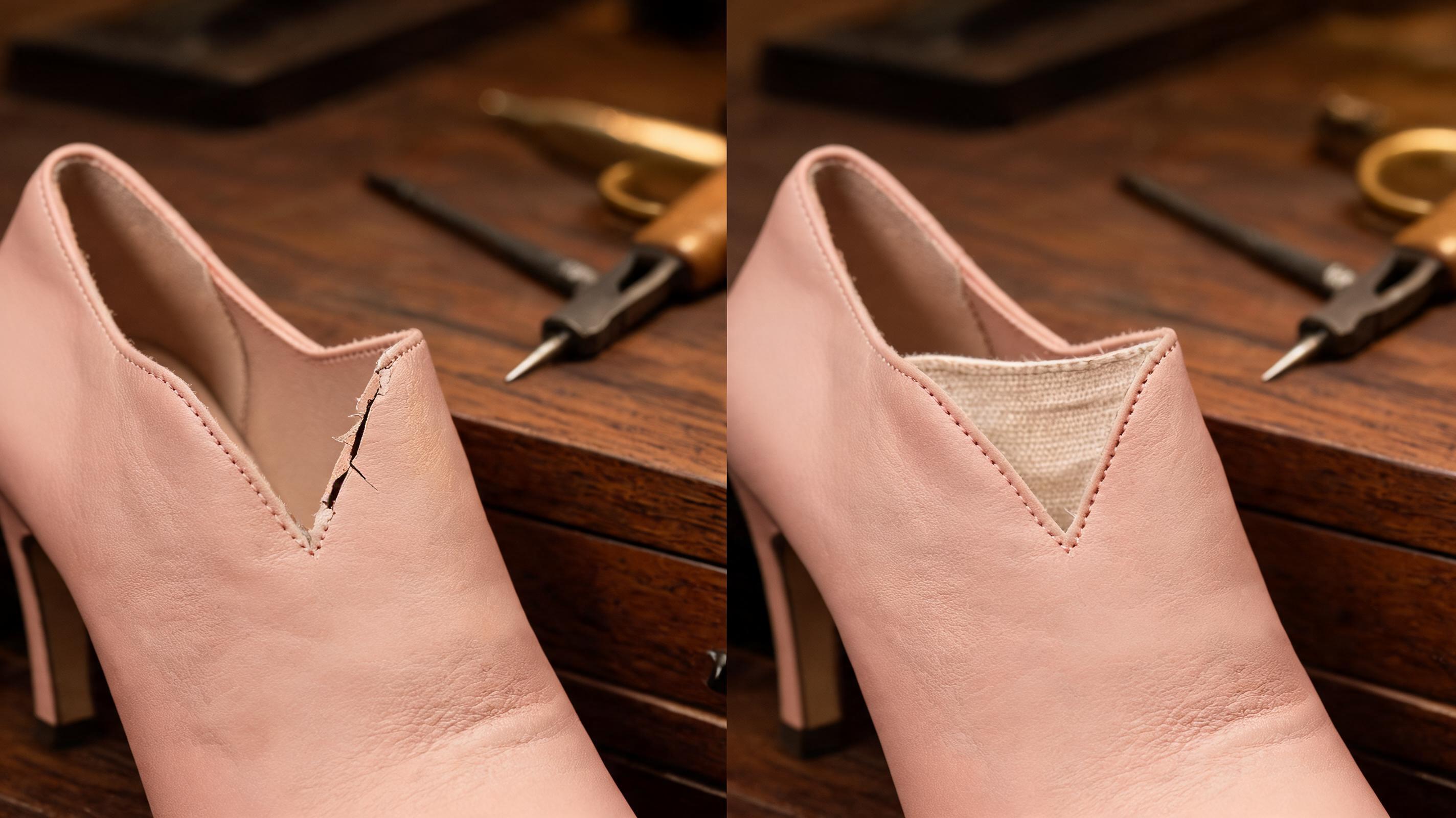 A side-by-side product comparison photograph on a dark walnut cobbler's workbench, on the left a women's blush pink leather high-vamp V-cut heel showing a 14-18mm stress crack at the V-cut apex point with raw leather substrate exposed inside the crack, on the right an identical women's blush pink leather high-vamp V-cut heel showing pristine V-cut apex with hand-reinforced backing cloth behind the V-cut point and an unbroken leather grain surface at 24 months of wear, both shoes positioned at the same 45-degree angle to show the V-cut apex, cobbler's awl and brass tack puller in soft background bokeh, warm amber tungsten workshop lighting from a desk lamp, shallow depth of field