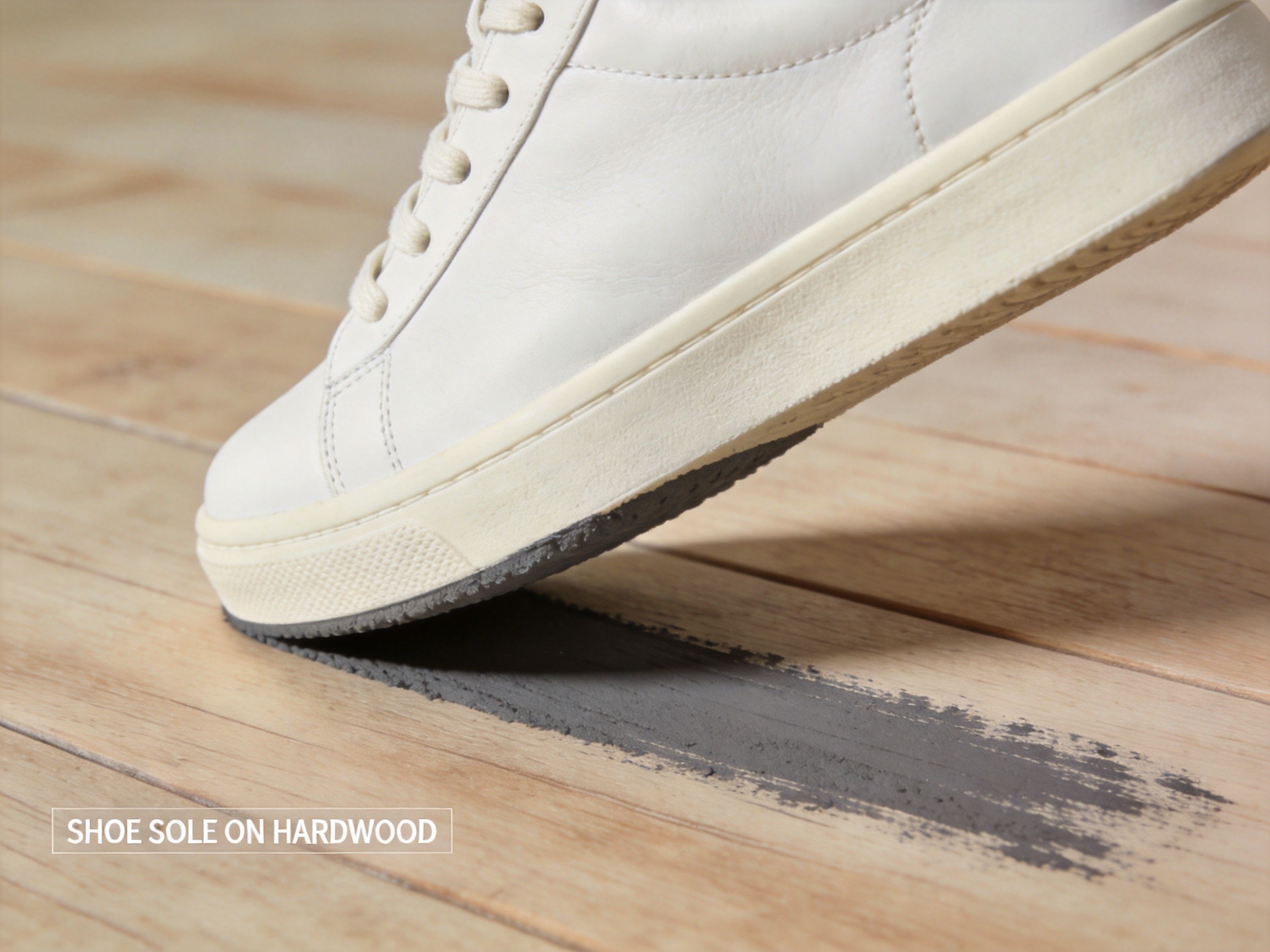 A brand-new white sneaker sole pressing onto light hardwood floor leaving a fresh dark gray rubber drag mark across the wood grain