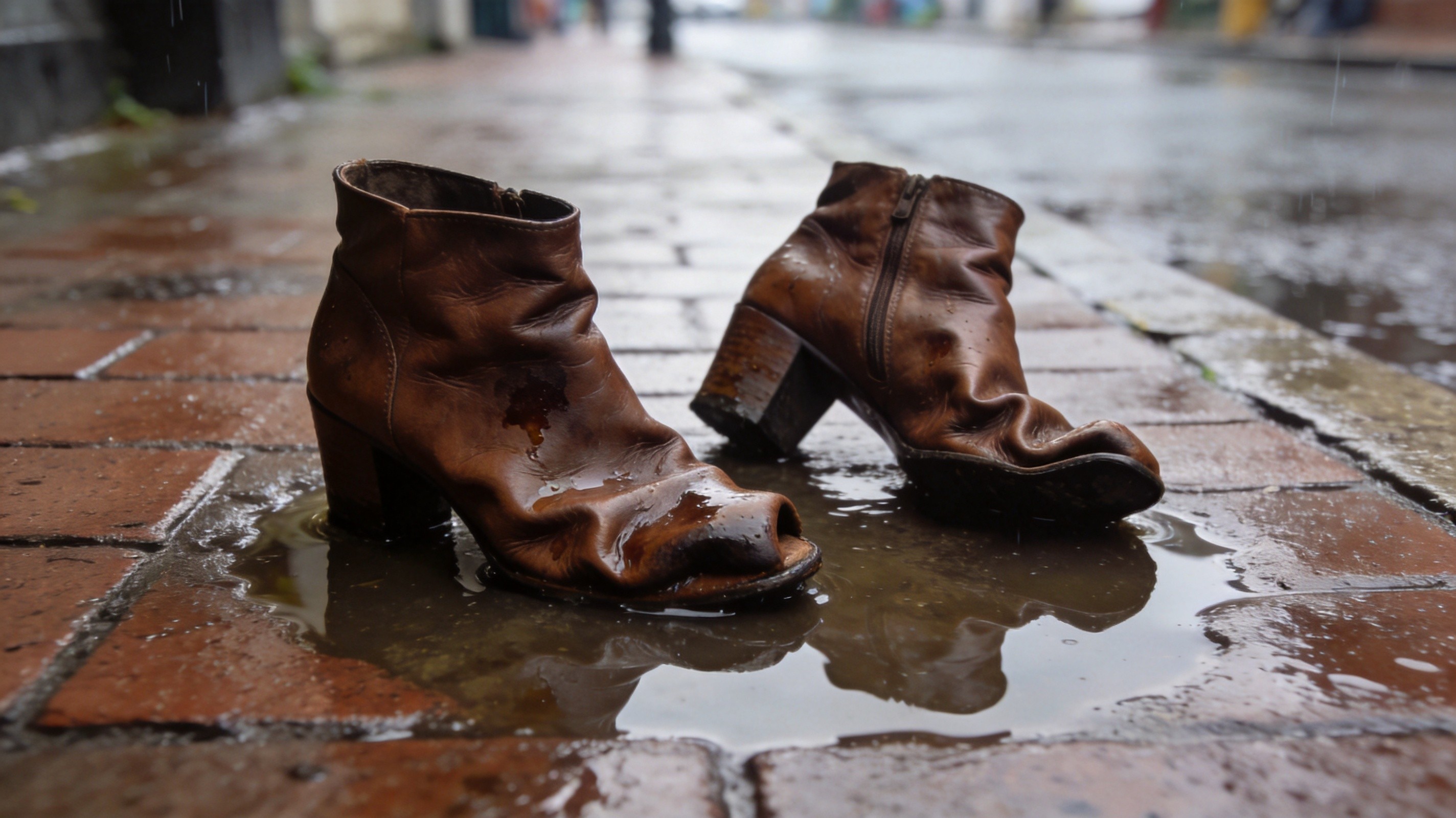 A pair of women's tan leather ankle boots sitting in rain puddles on a wet pavement with the leather visibly warped, shrunk, and deformed from water damage — one boot collapsed on its side