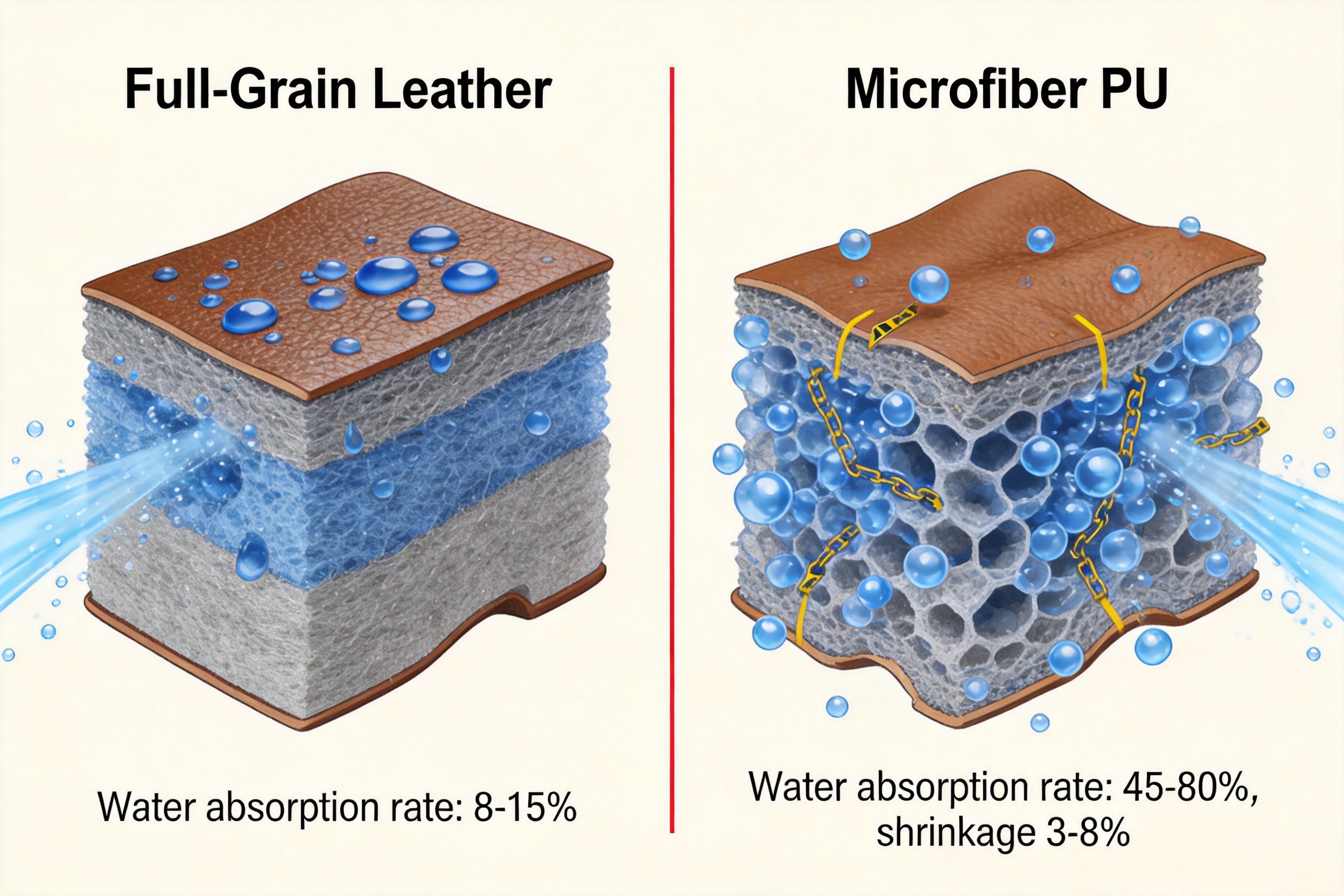 Cross-section diagram comparing vegetable-tanned full-grain leather vs microfiber PU when exposed to water: full-grain leather shows water beading on surface with low 8-15% absorption rate, microfiber PU shows water flooding the open-cell fiber structure with high 45-80% absorption rate and 3-8% shrinkage