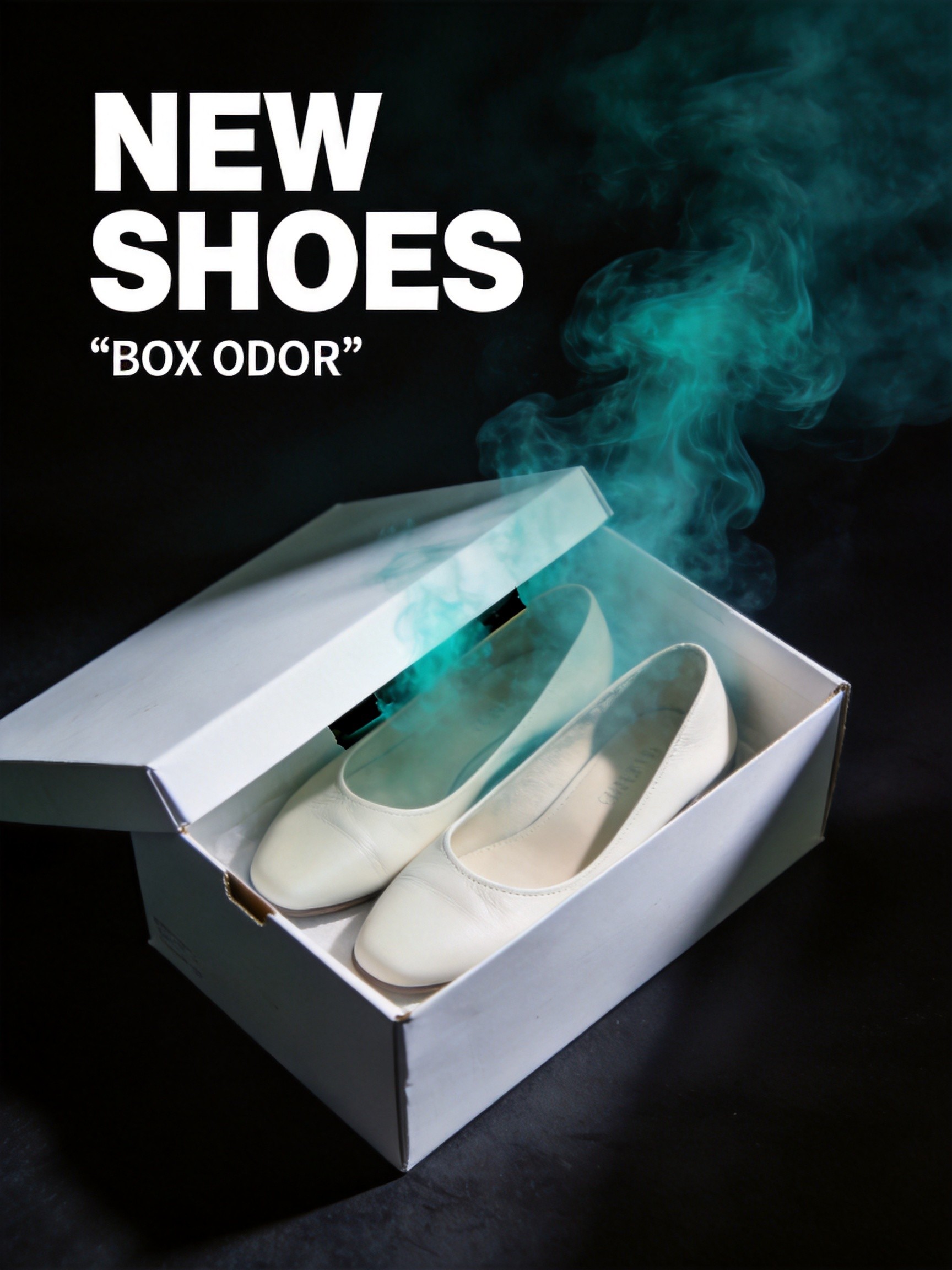 A brand-new pair of cream-colored women's shoes inside the cardboard shipping box with teal-blue volatile organic compound smoke rising from the shoes after unboxing