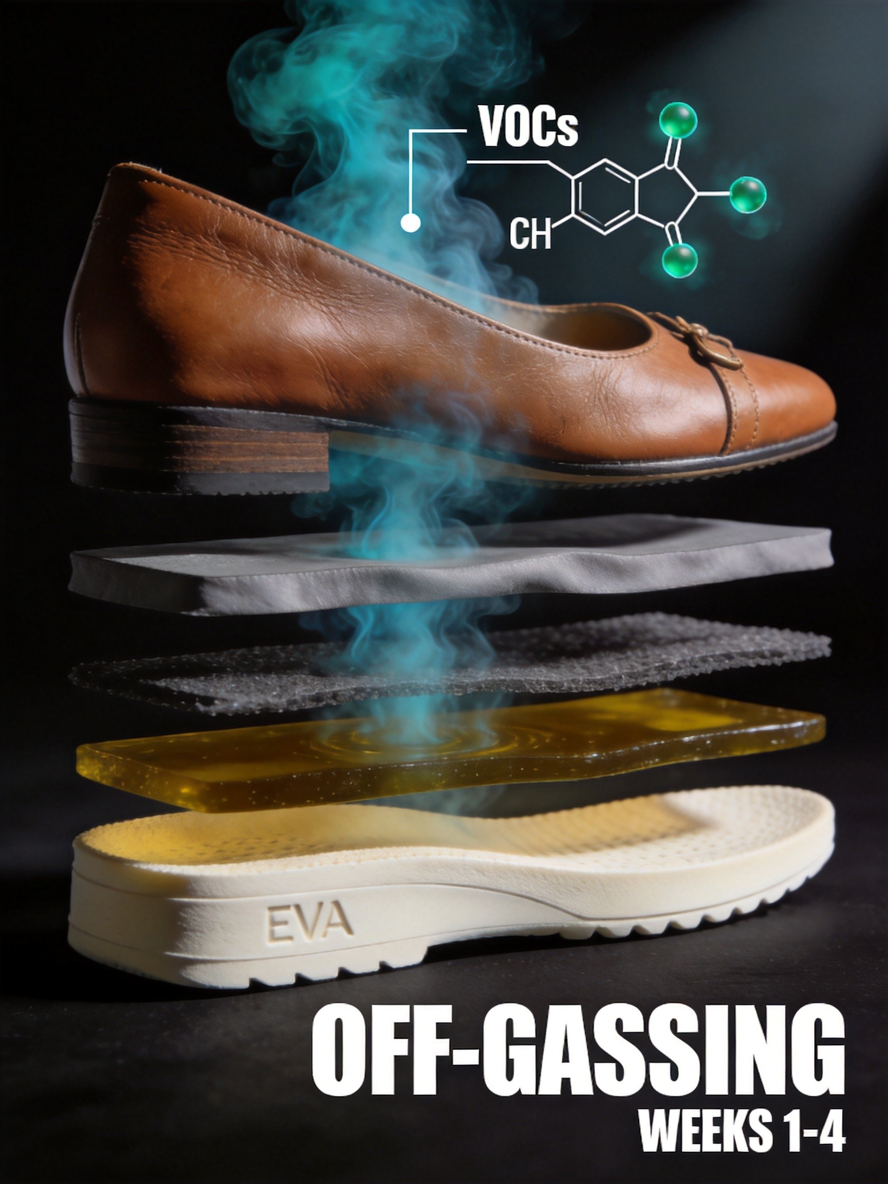 Cross-section diagram showing the layered shoe construction: leather upper, foam backing layers, EVA midsole layers, and outsole with blue-green volatile organic compound smoke rising from each interface showing where off-gassing occurs from week 1 to week 4