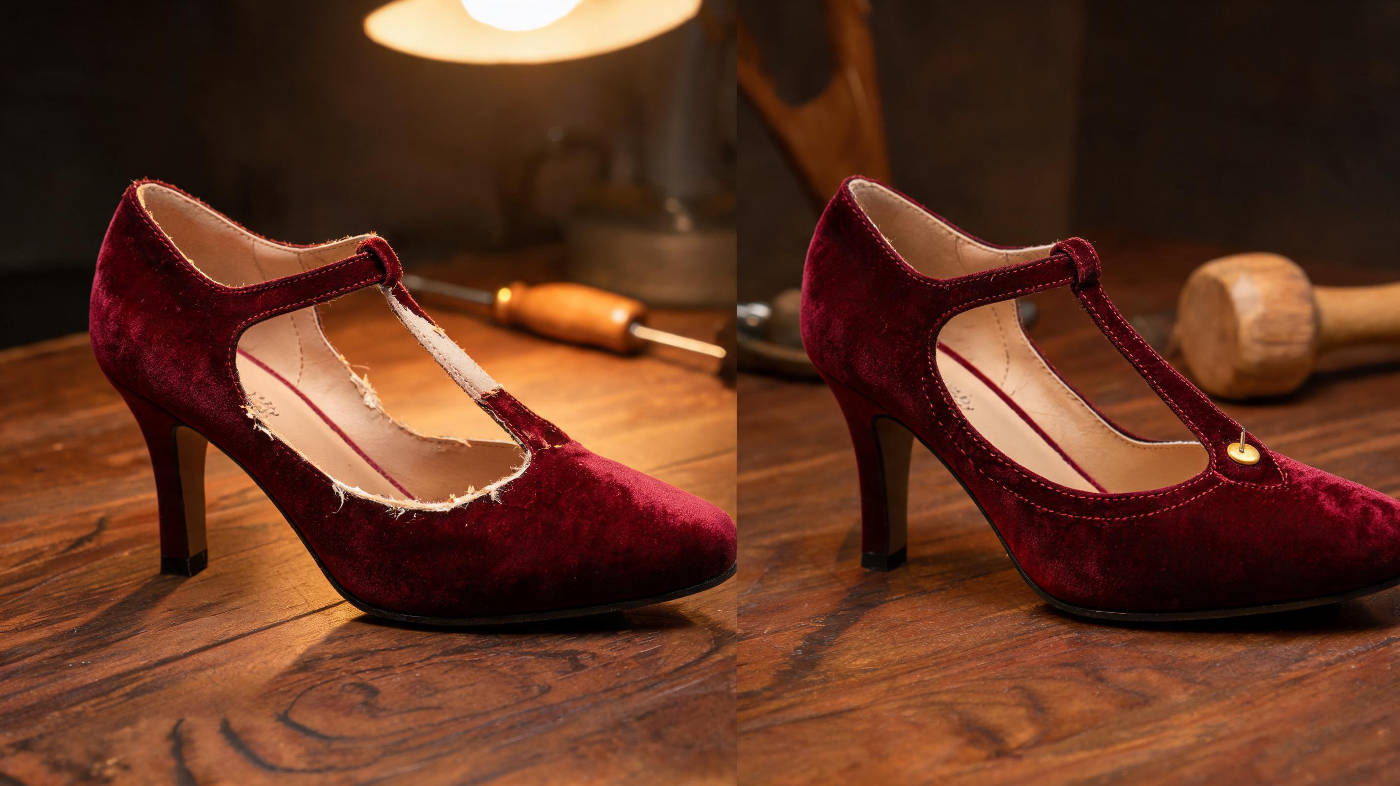 A side-by-side product comparison photograph on a dark walnut cobbler's workbench, on the left a women's burgundy velvet T-strap high heel showing the T-junction with the strap already lifting away from the sole after only 6 wears with visible glue residue and a 4-6mm gap, on the right an identical women's burgundy velvet T-strap high heel showing pristine hand-stitched T-junction with neat saddle stitching securing both straps to the insole and a yellow brass tack reinforcement at the junction point, both shoes at the same angle, cobbler's awl and wooden mallet in soft background bokeh, warm amber tungsten workshop lighting from a desk lamp, shallow depth of field