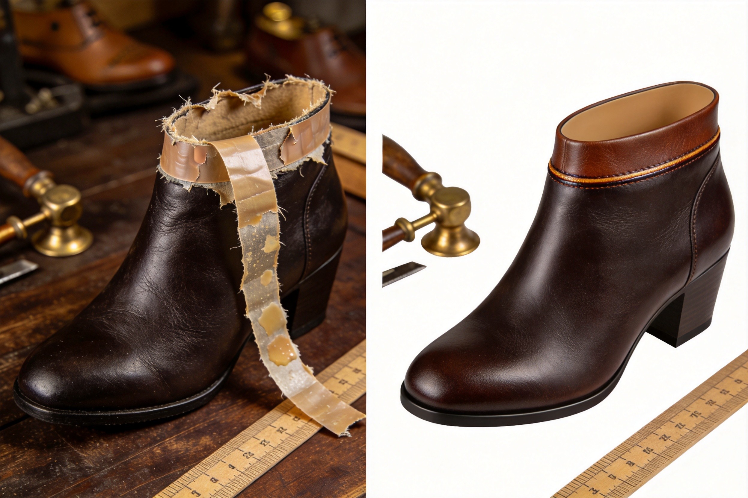 A detailed side-by-side product comparison photograph on a dark walnut workbench, on the left a women's leather ankle boot with a peeled-away binding tape exposing the raw frayed lining edge beneath, the synthetic PU-coated tape lifted off in long strips with visible adhesive residue on the lining, on the right an identical women's leather ankle boot with a pristine tight binding strip at 24 months of wear, vegetable-tanned full-grain leather binding with hand-burnished edge-paint, tight hide-glue bond at the topline junction, vintage brass shoemaker's tools and binding strips in soft background bokeh