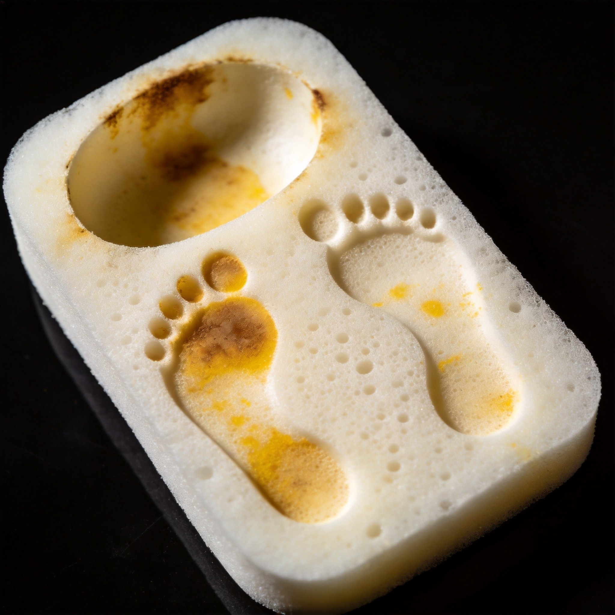 Close-up angled photograph of a single white insole showing detailed sweat absorption patterns and yellow discoloration concentrated at heel cup and ball-of-foot pressure zones