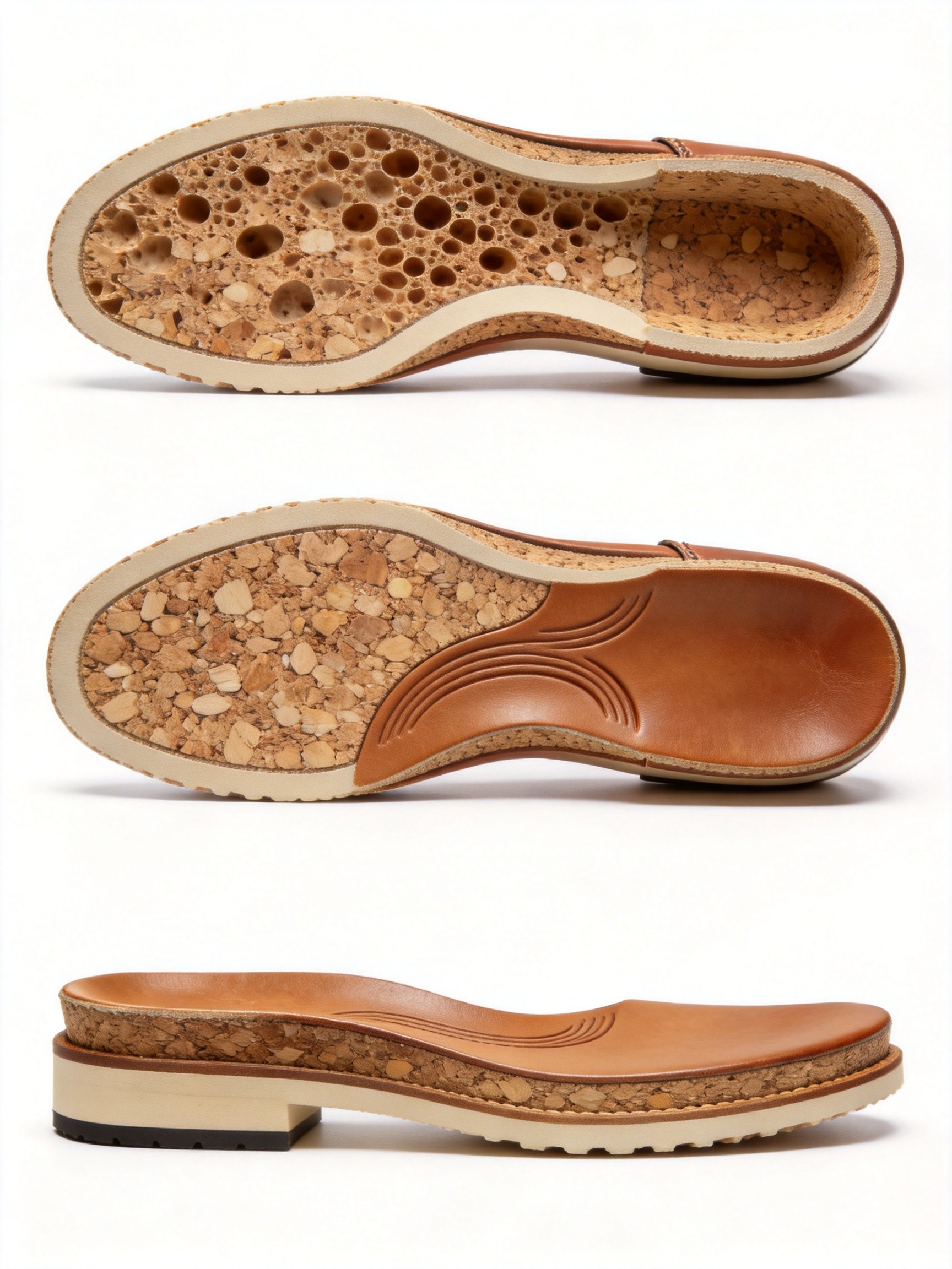 Detailed comparison view of a walking shoe midsole showing the cork-filler micro-aggregate structure with hand-scored vegetable-tanned leather outsole and 8-12mm heel-to-toe drop, demonstrating the Chengdu handmade construction that prevents shin splints
